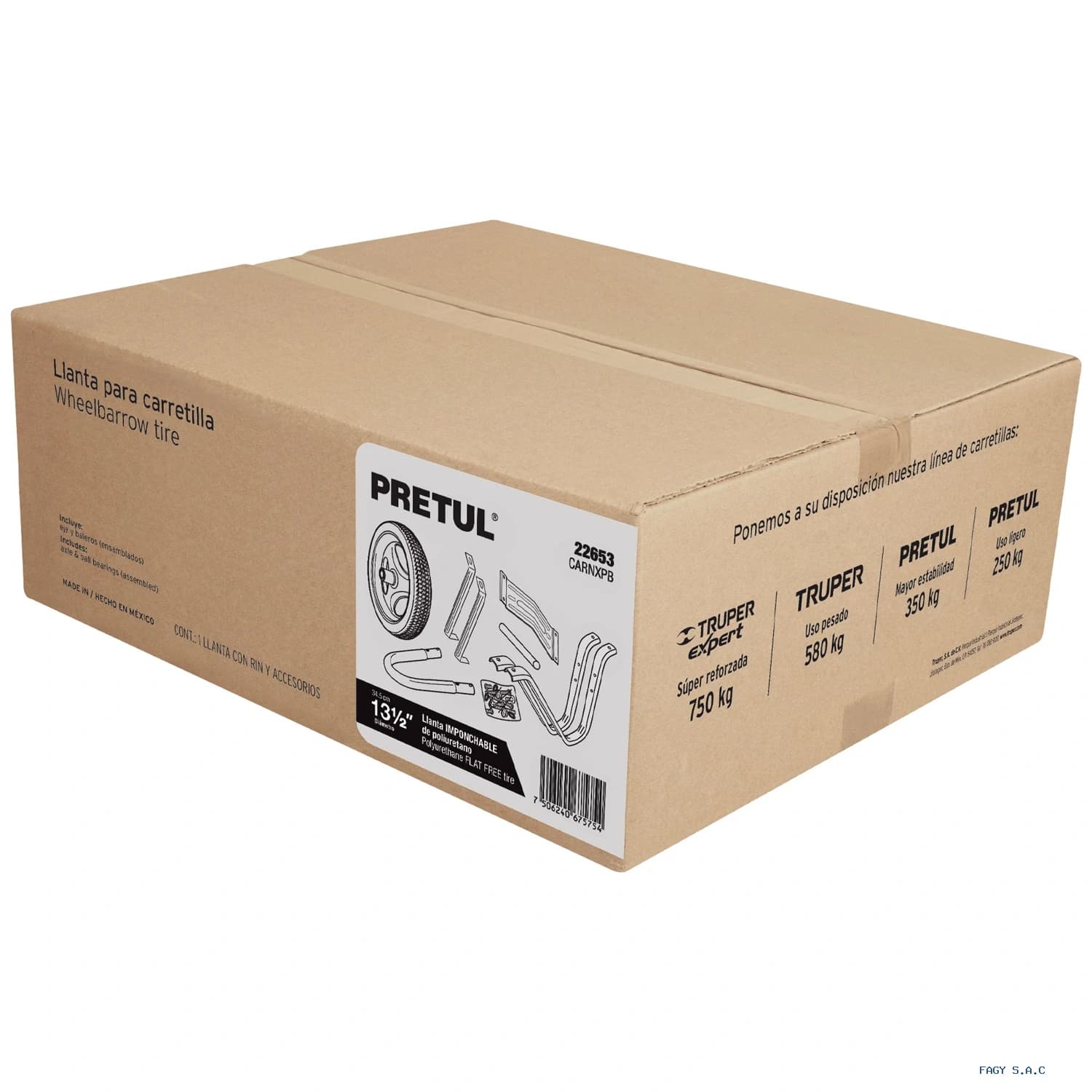 Caja c/llanta imponchable y acc. p/carretilla roja PRETUL 22653 - Truper