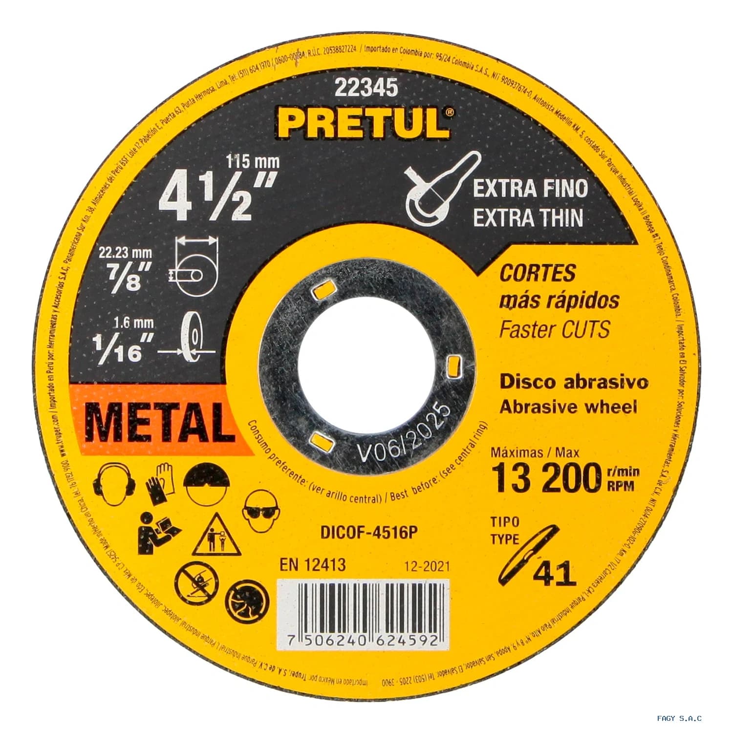 Disco Tipo 41 de 4-1/2" x 1.6 mm corte fino de metal, Pretul 22345 DICOF-4516P