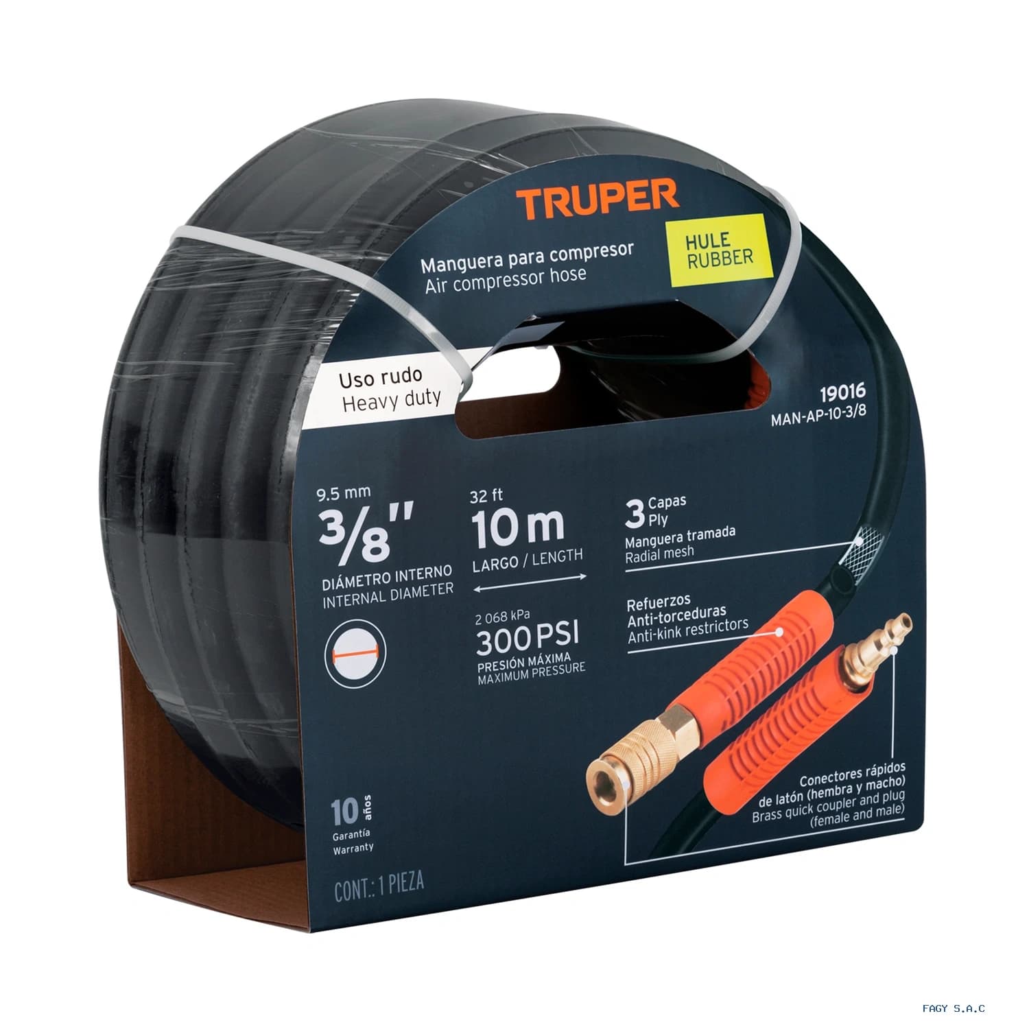 Manguera para compresor, de hule, 10m x 3/8", Truper 19016