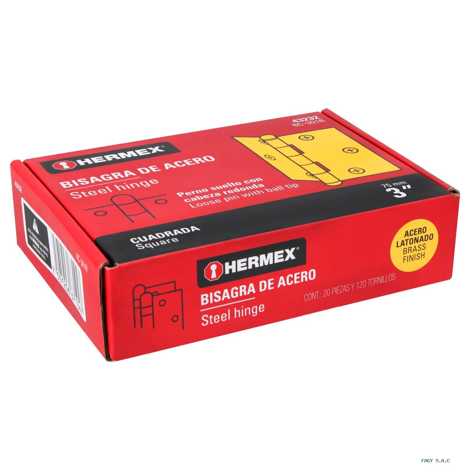 Bisagra cuadrada 3", latonado, cabeza redonda, HERMEX 43232