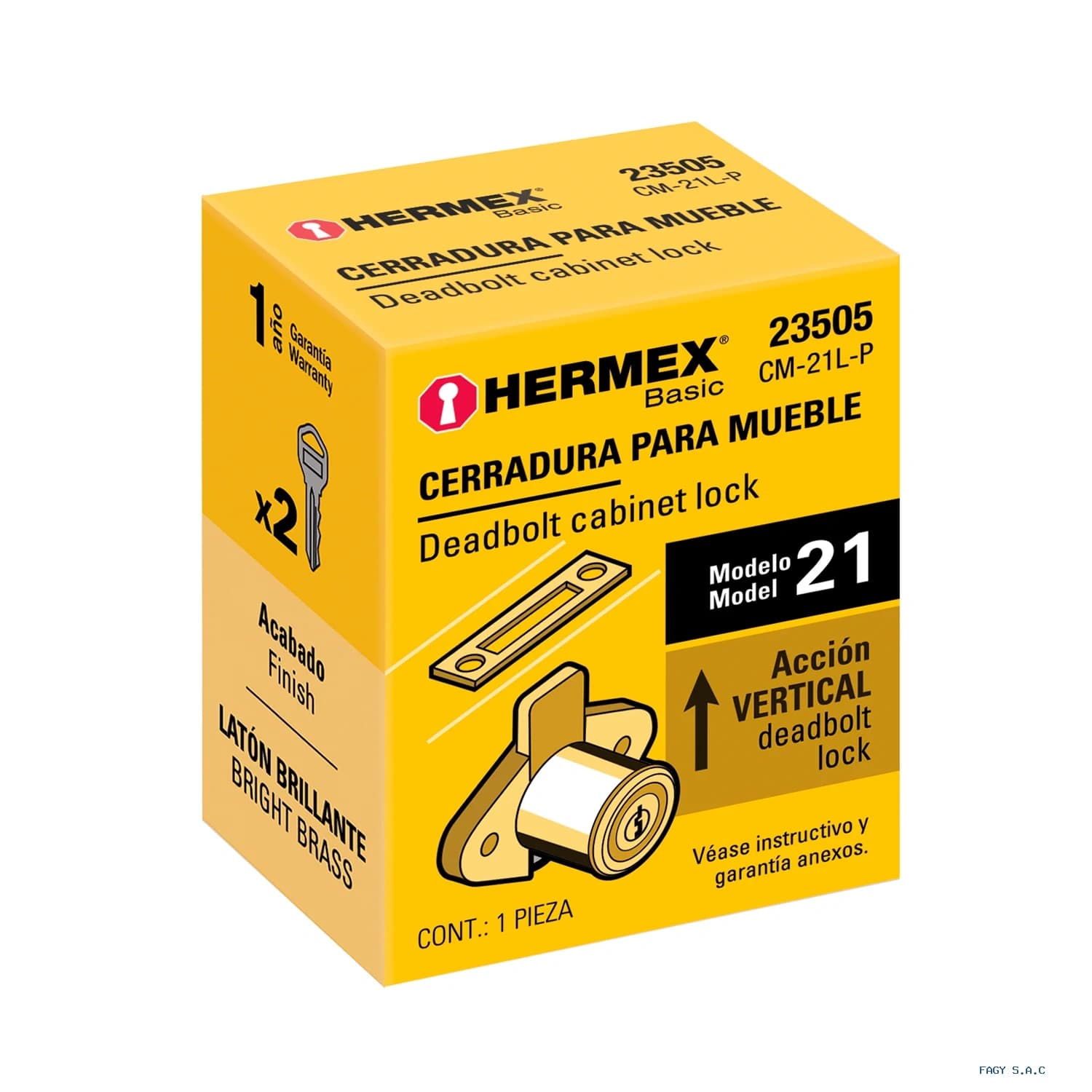 Cerradura para mueble, modelo 21, latón, HERMEX BASIC 23505