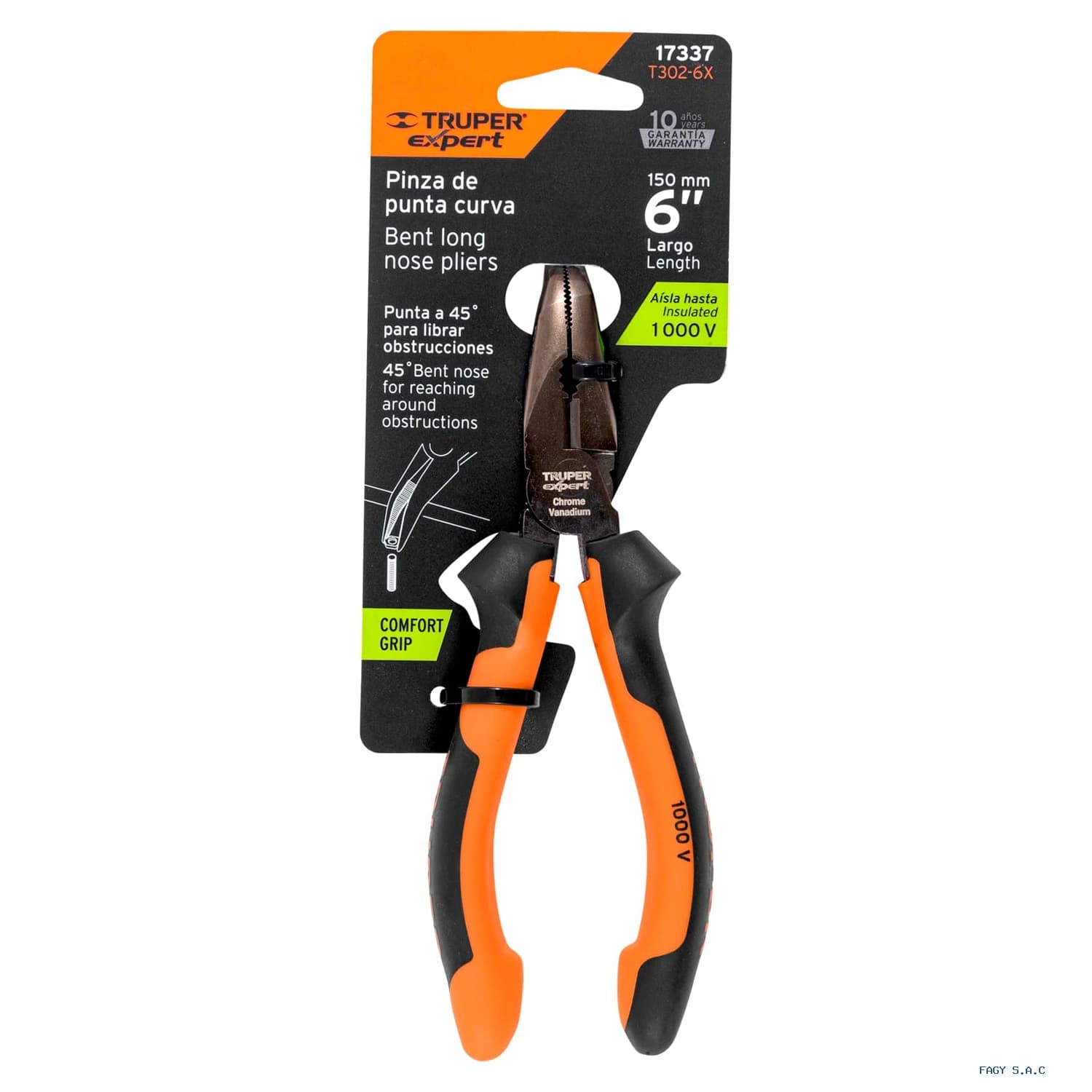 Alicate pinza punta curva 6" mango Comfort Grip, Truper Expert 17337