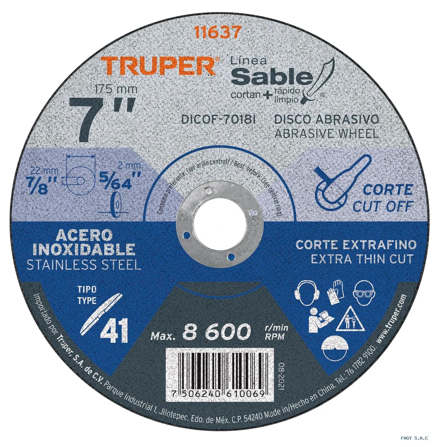 Disco Tipo 41 de 7" x 1.8 mm corte fino acero inox, Sable 11637 DICOF-7018I