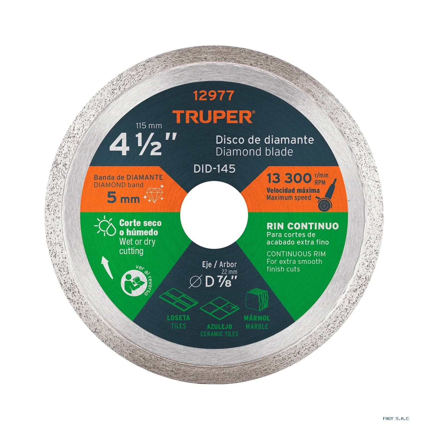 Disco de diamante de 4-1/2" x 1.6 mm, rin continuo, TRUPER 12977 DID-145