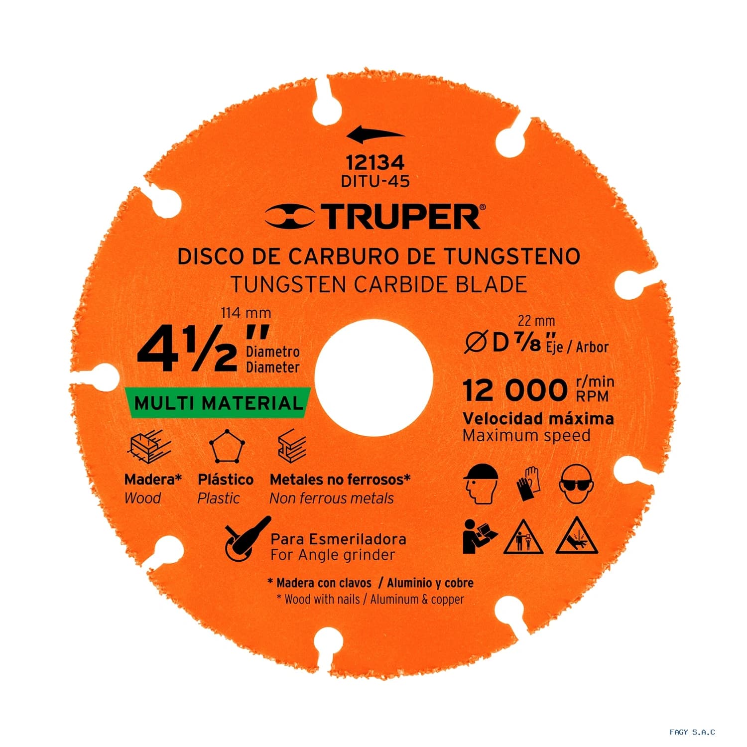 Disco 4-1/2" multimaterial de carburo de tungsteno, TRUPER 12134 DITU-45