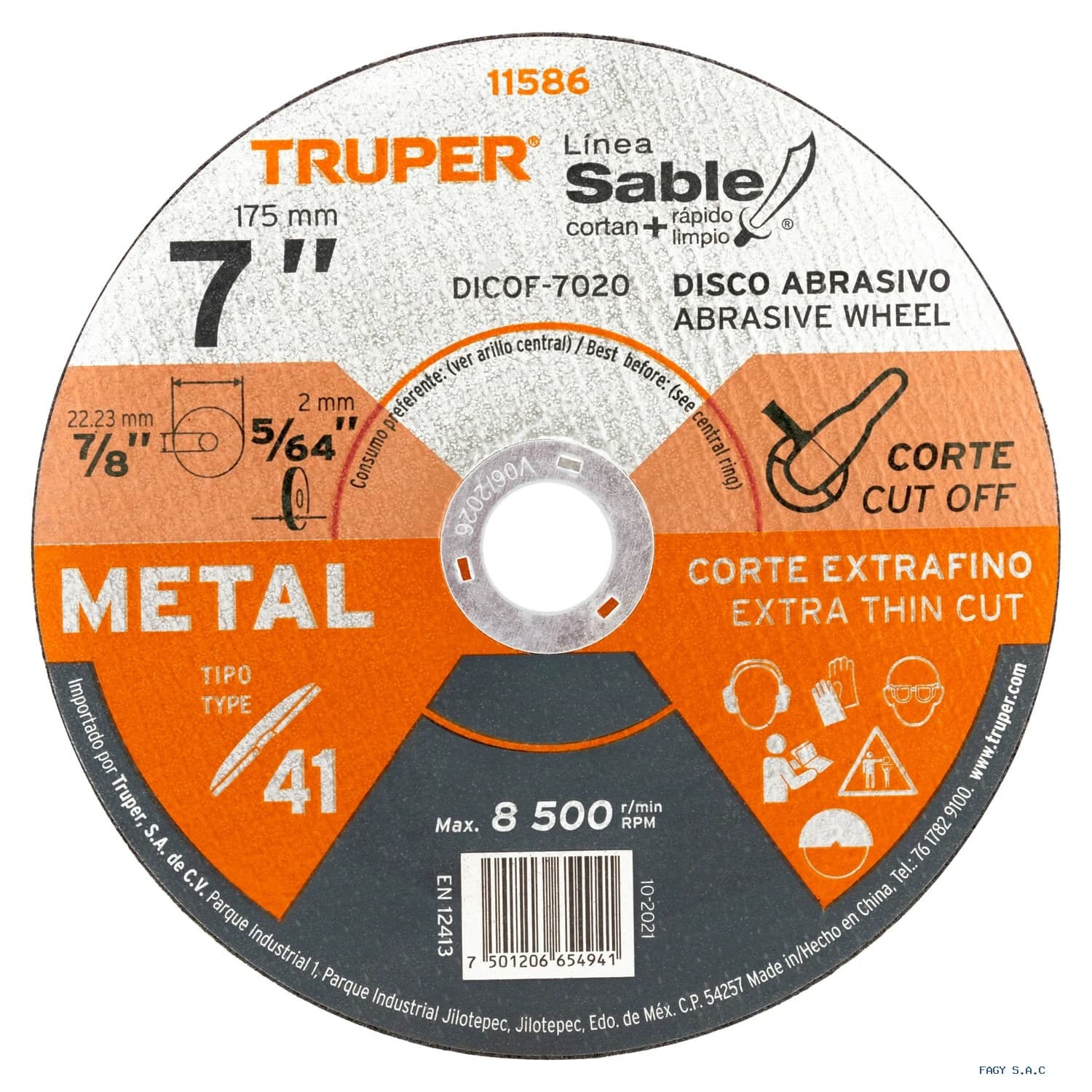 Disco Tipo 41 de 7" x 2 mm corte fino de metal, Sable 11586 DICOF-7020