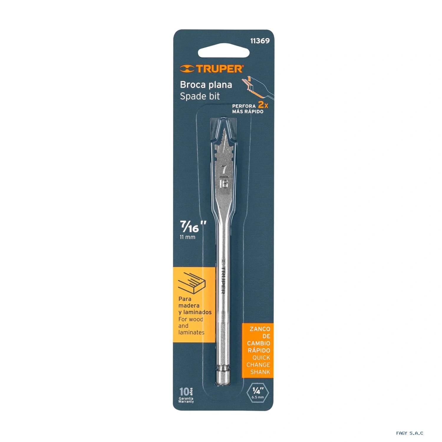 Broca plana de manita 7/16" para madera, Truper 11369
