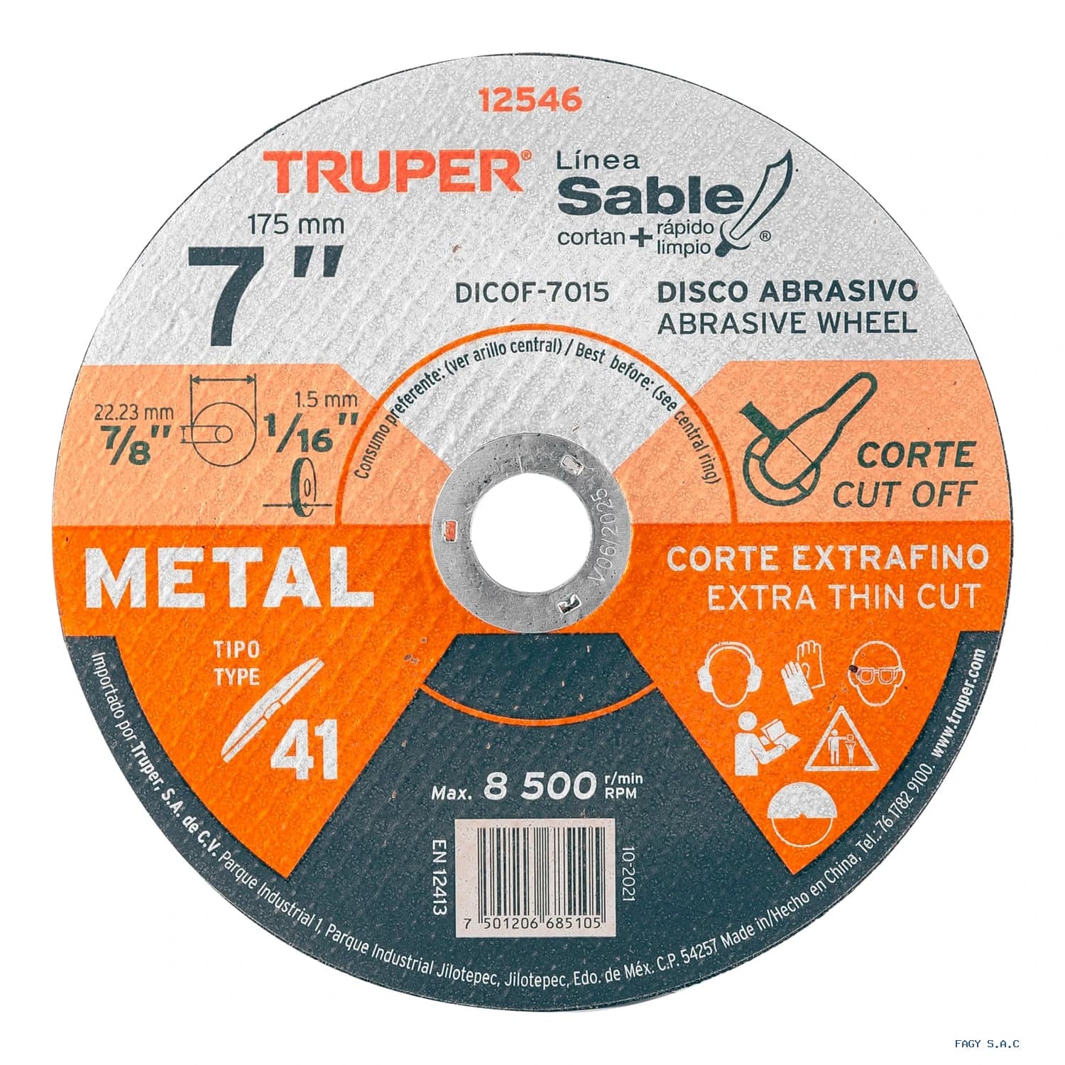 Disco Tipo 41 de 7" x 1.5 mm corte fino de metal, Sable 12546 DICOF-7015