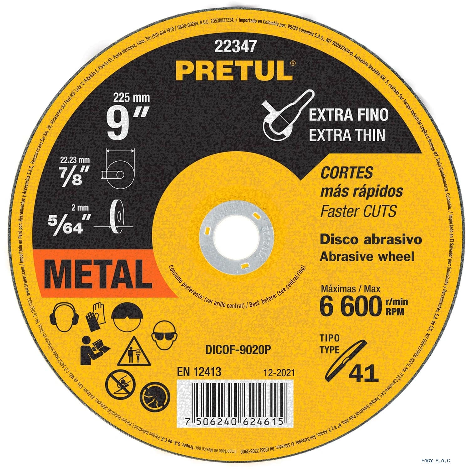 Disco Tipo 41 de 9" x 2 mm corte fino de metal, Pretul 22347 DICOF-9020P