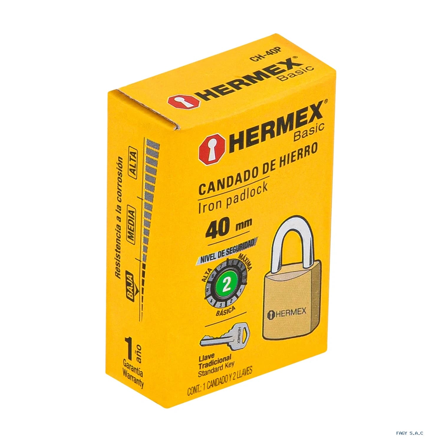 Candado de hierro color latón 40 mm, corto, caja, BASIC 23518