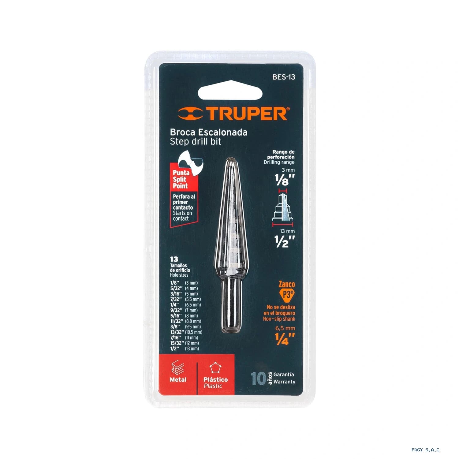 Broca escalonada óxido negro 13 escalones 1/8" a 1/2”,Truper 12122
