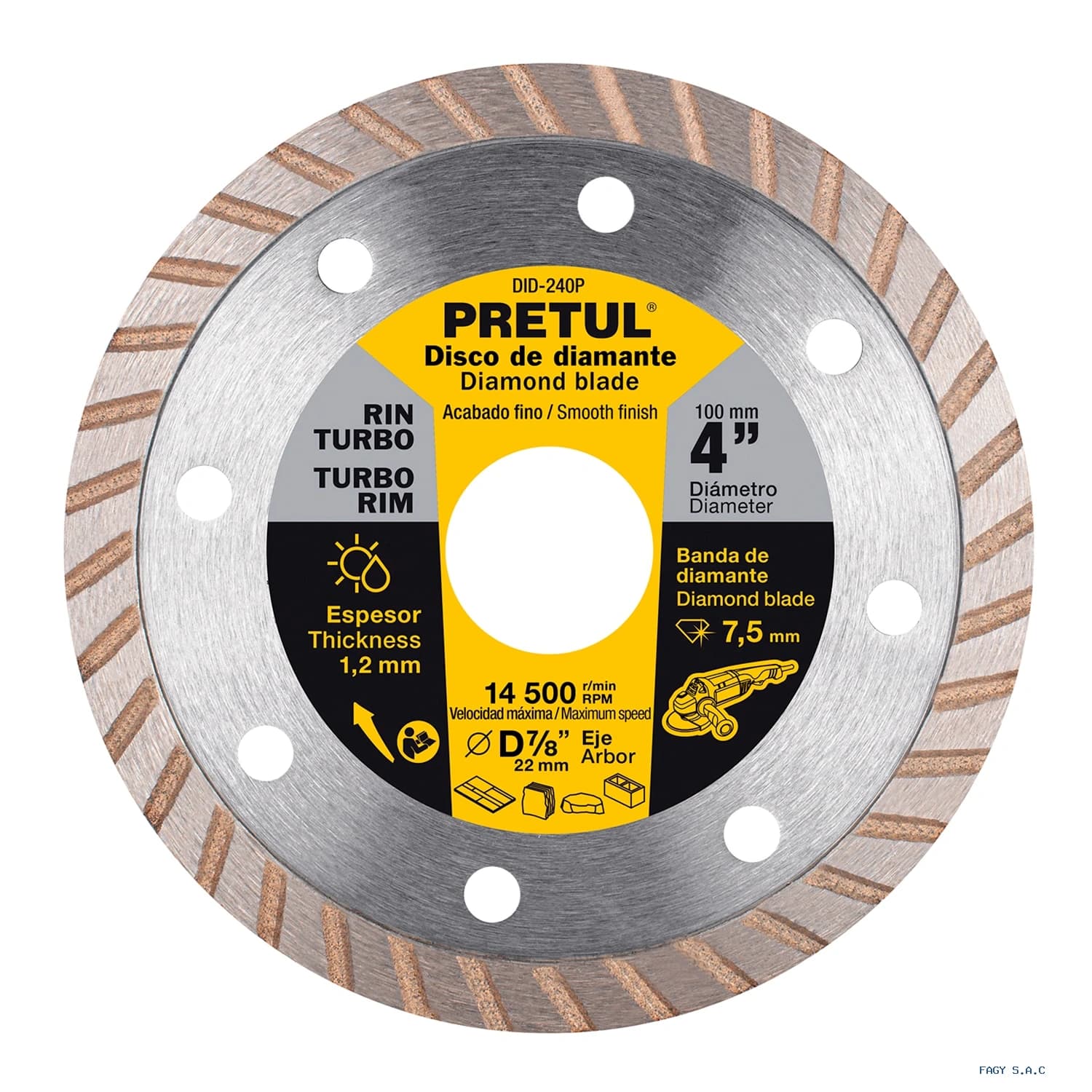 Disco de diamante de 4" x 1.2 mm, rin turbo, PRETUL 27016 DID-240P