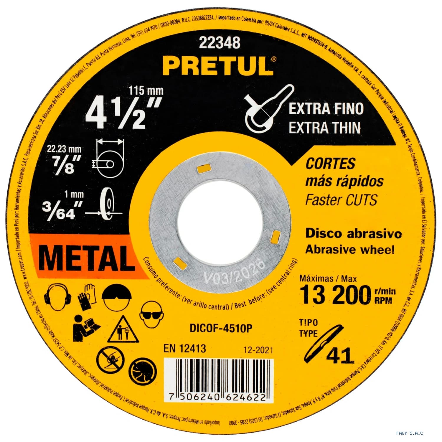 Disco Tipo 41 de 4-1/2" x 1 mm corte fino de metal, Pretul 22348 DICOF-4510P