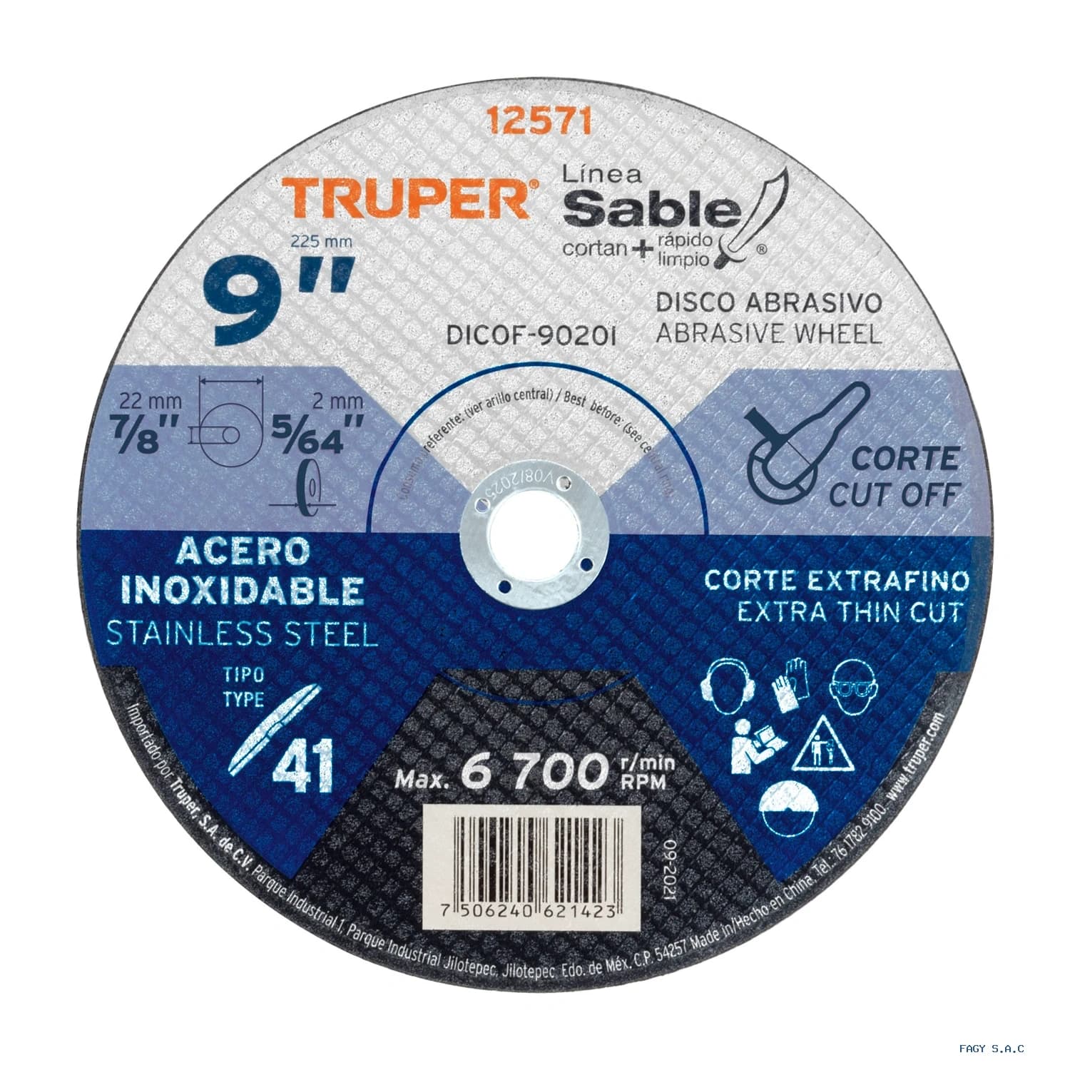Disco Tipo 41 de 9" x 2 mm corte fino acero inox, Sable 12571 DICOF-9020I