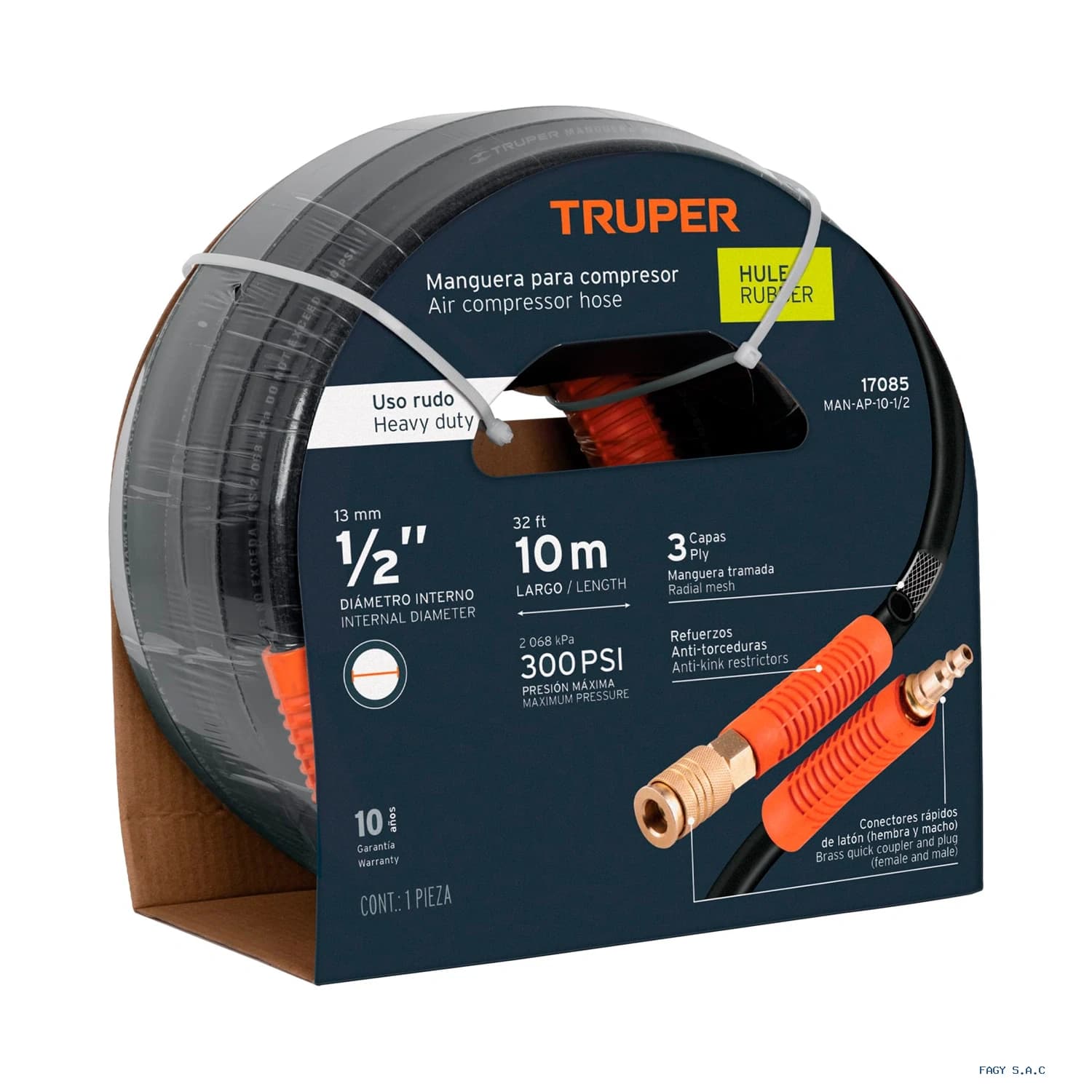 Manguera para compresor, de hule, 10m x 1/2", Truper 17085