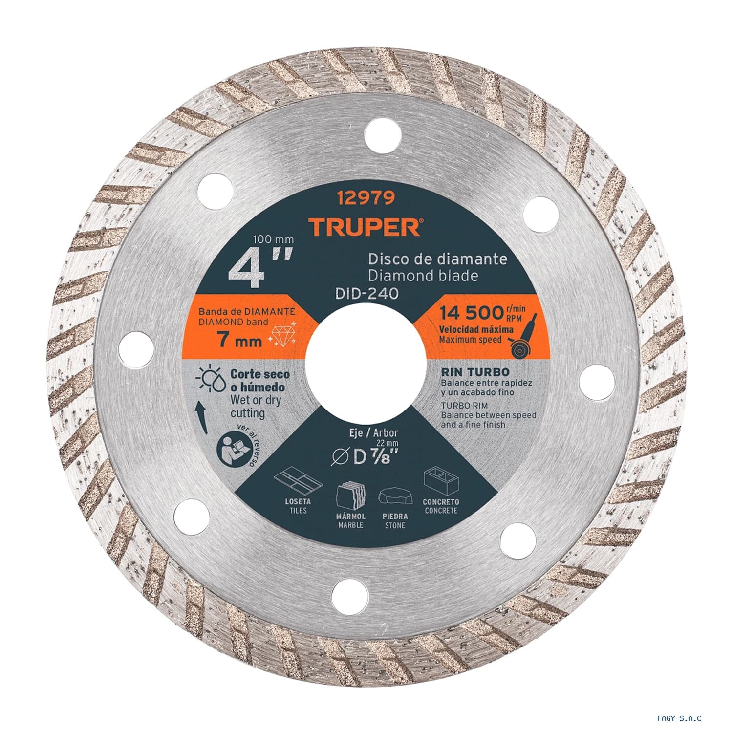 Disco de diamante de 4" x 2.2 mm, rin turbo, TRUPER 12979 DID-240