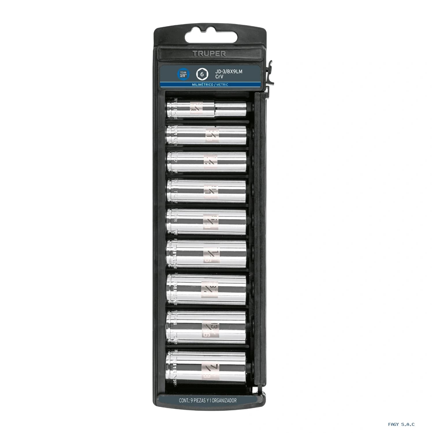 Juego de 9 dados largos cuadro 3/8" mm, Trupe 14173