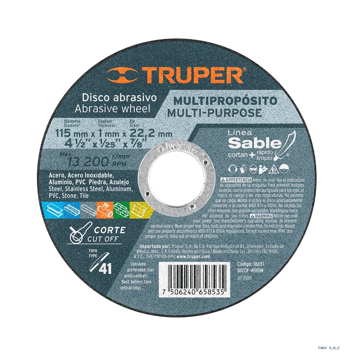 Disco Tipo 41 de 4-1/2" x 1 mm corte multimaterial, Sable 18651 DICOF-4510M