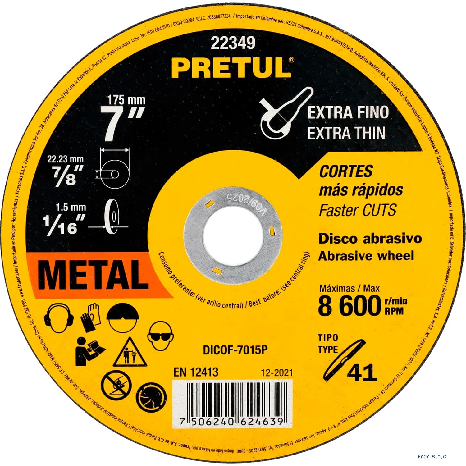 Disco Tipo 41 de 7" x 1.5 mm corte fino de metal, Pretul 22349 DICOF-7015P