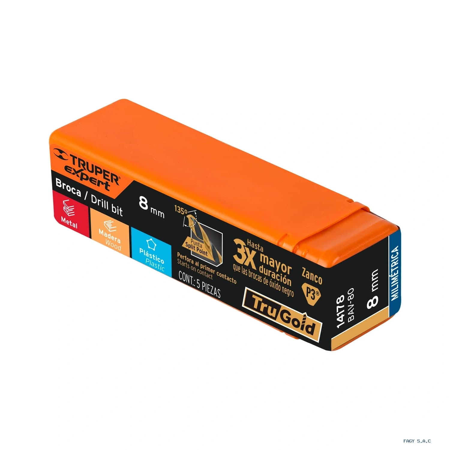 Broca HSS 8.0 mm Trugold para metal, Truper Expert 14178