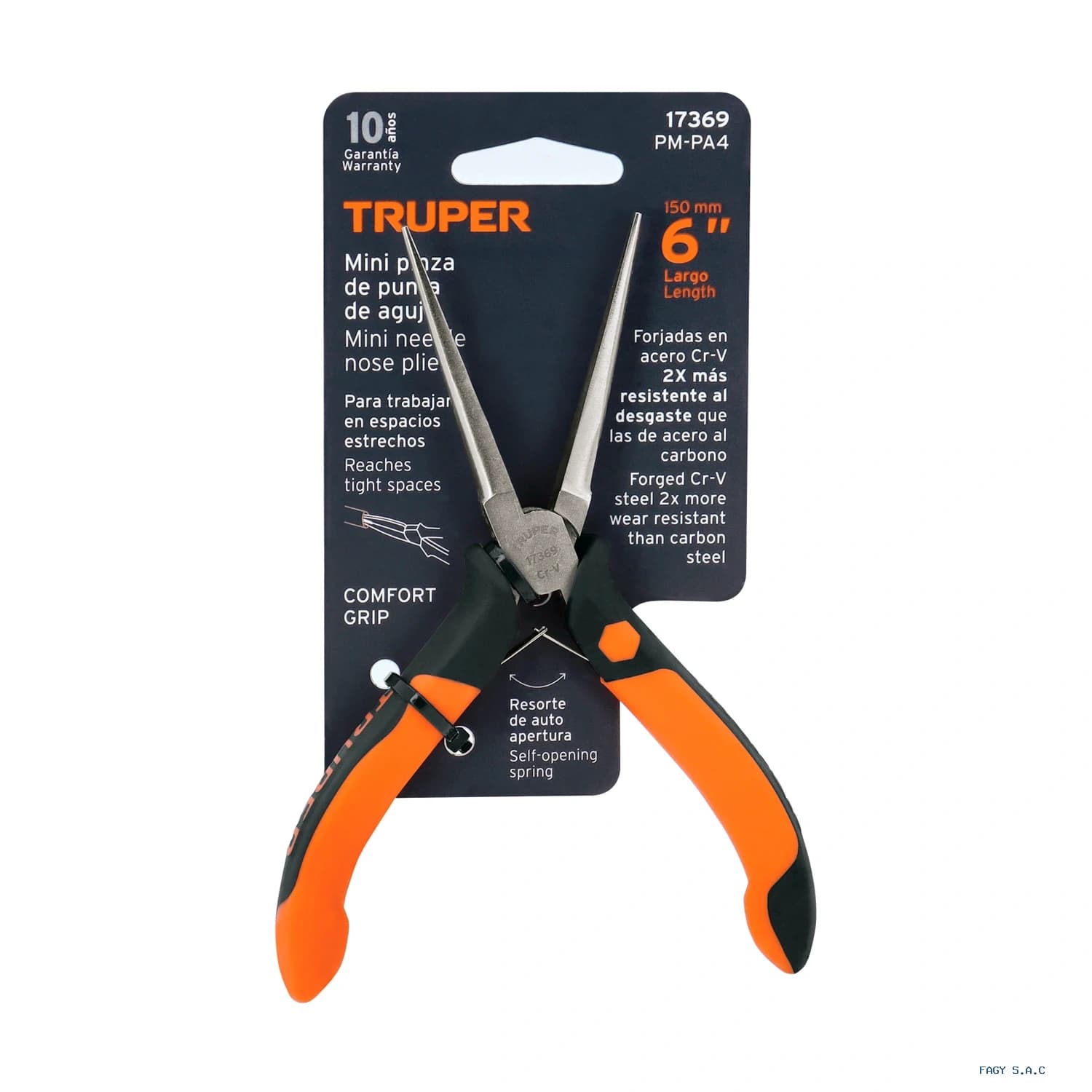 Mini alicate pinza de punta de aguja 6" mango Comfort Grip, Truper 17369