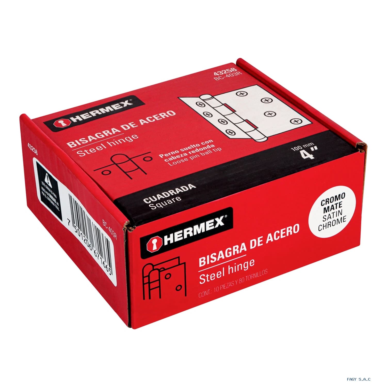 Bisagra cuadrada 4", satinado, cabeza redonda, HERMEX 43258