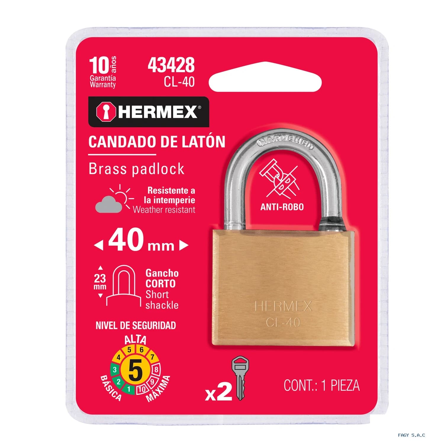 Candado de latón 40 mm gancho corto en blíster, HERMEX 43428