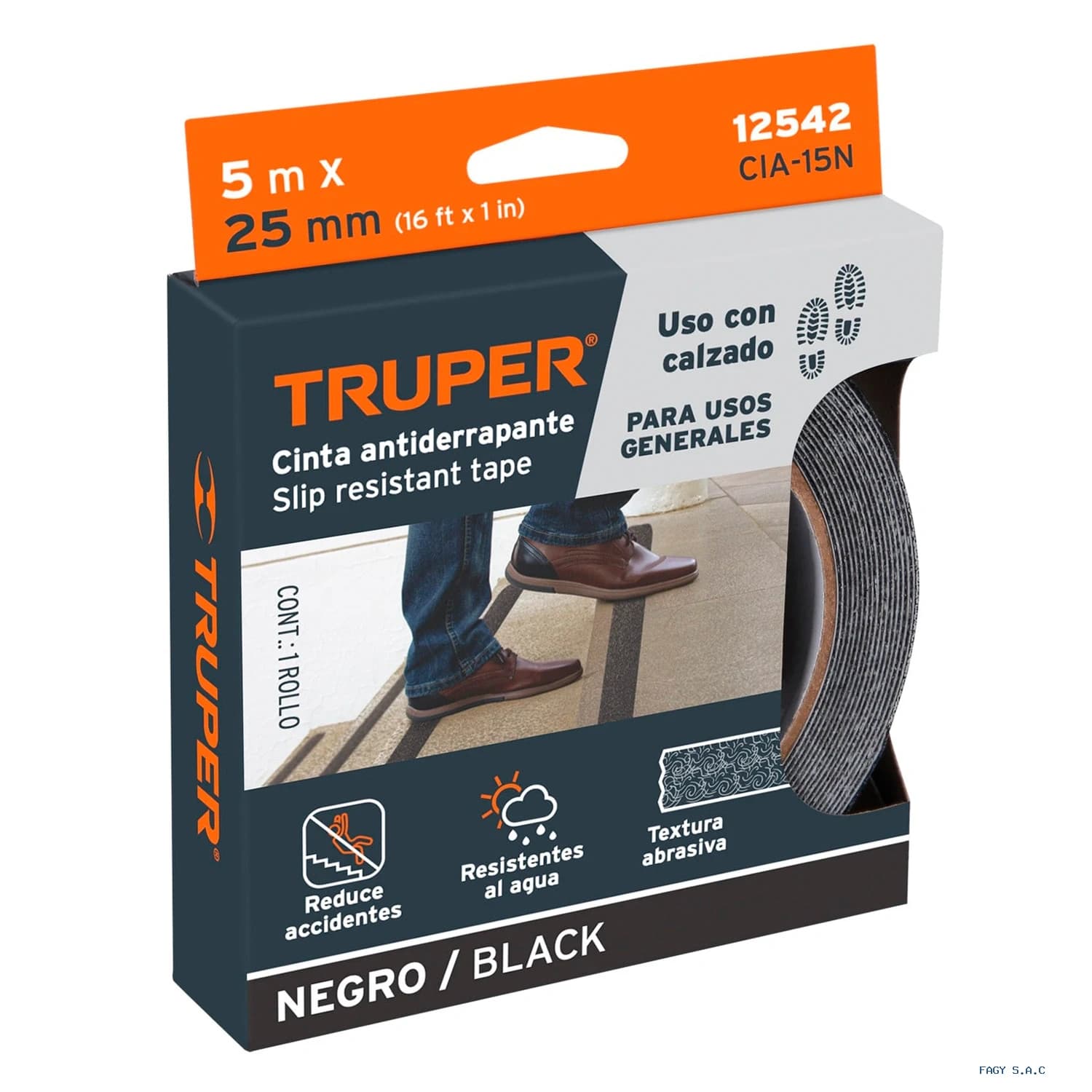 Rollo de 5 m de cinta antiderrapante negra con abrasivo 12542 - Truper