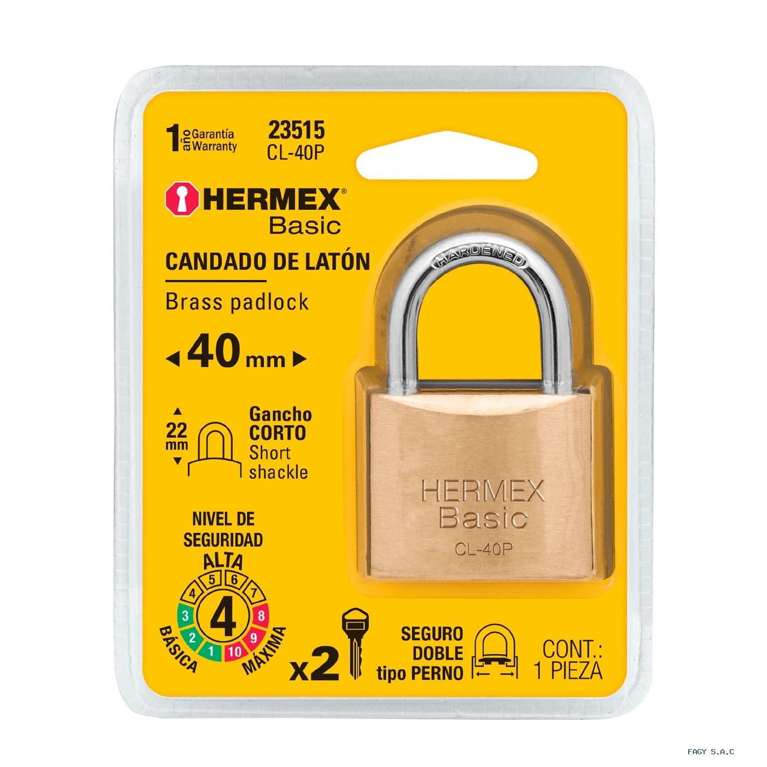 Candado de latón 40 mm gancho corto en blíster, HERMEX BASIC 23515