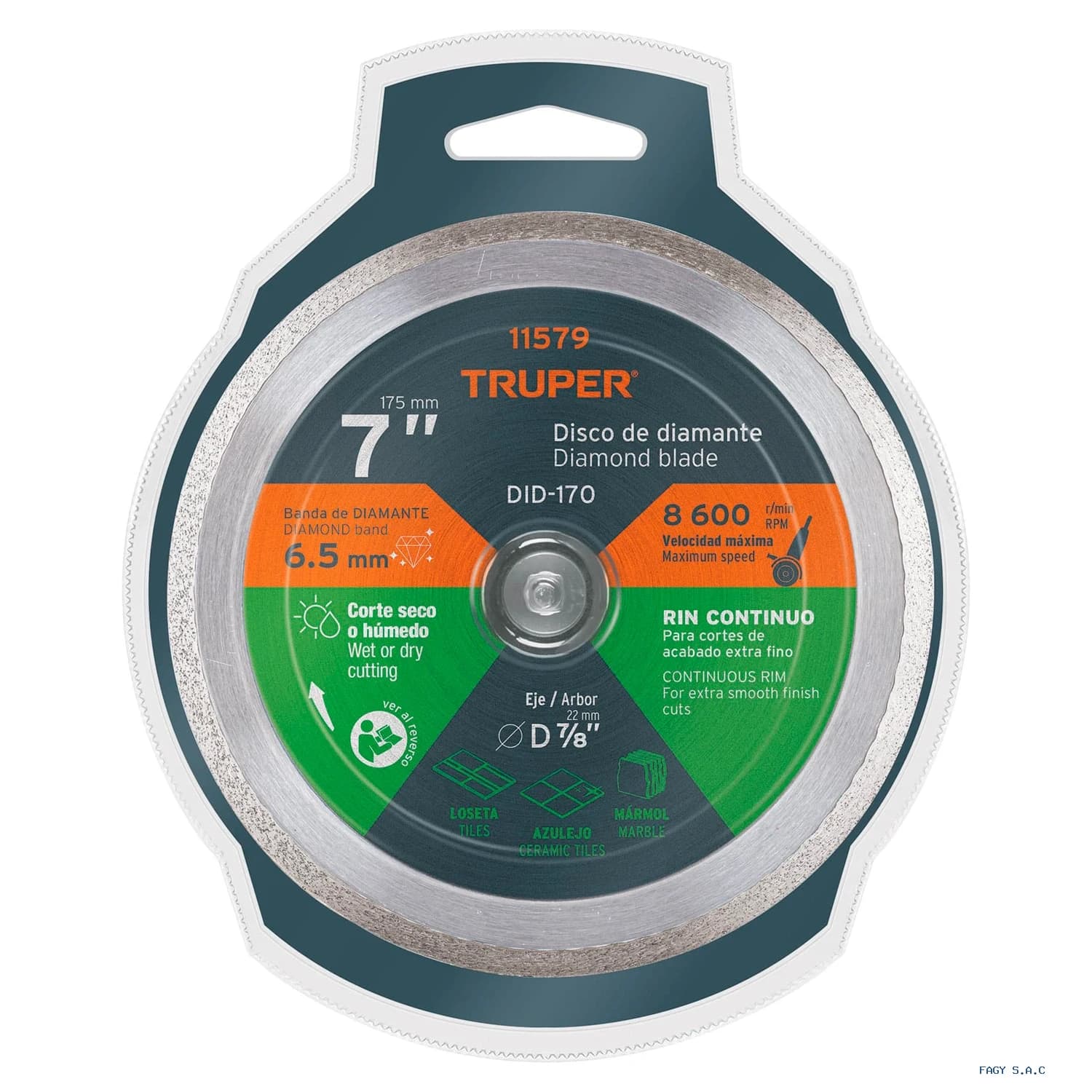Disco de diamante de 7" x 2.2 mm, rin continuo, TRUPER 11579 DID-170