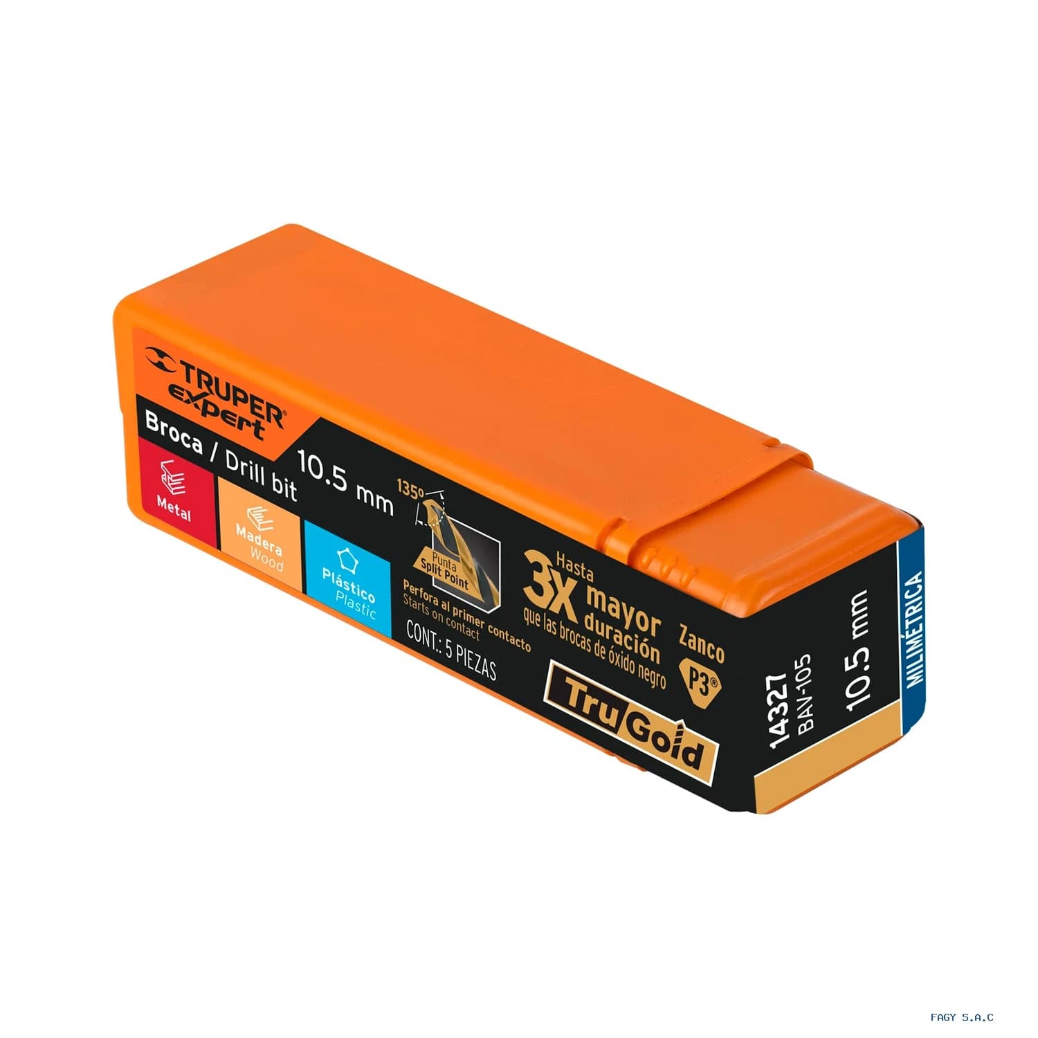 Broca HSS 10.5 mm Trugold para metal, Truper Expert 14327