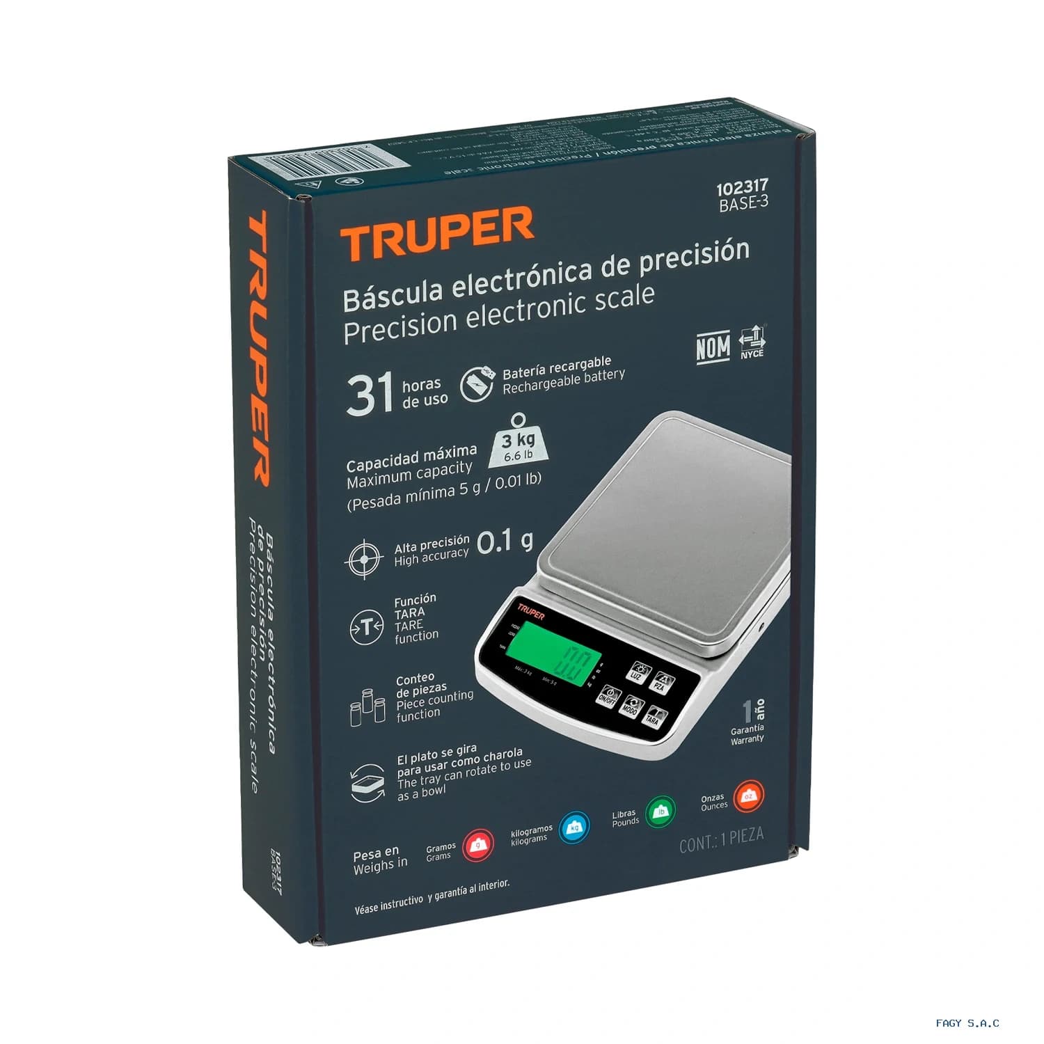 Báscula electrónica de precisión, recargable, 3 kg, Truper 102317
