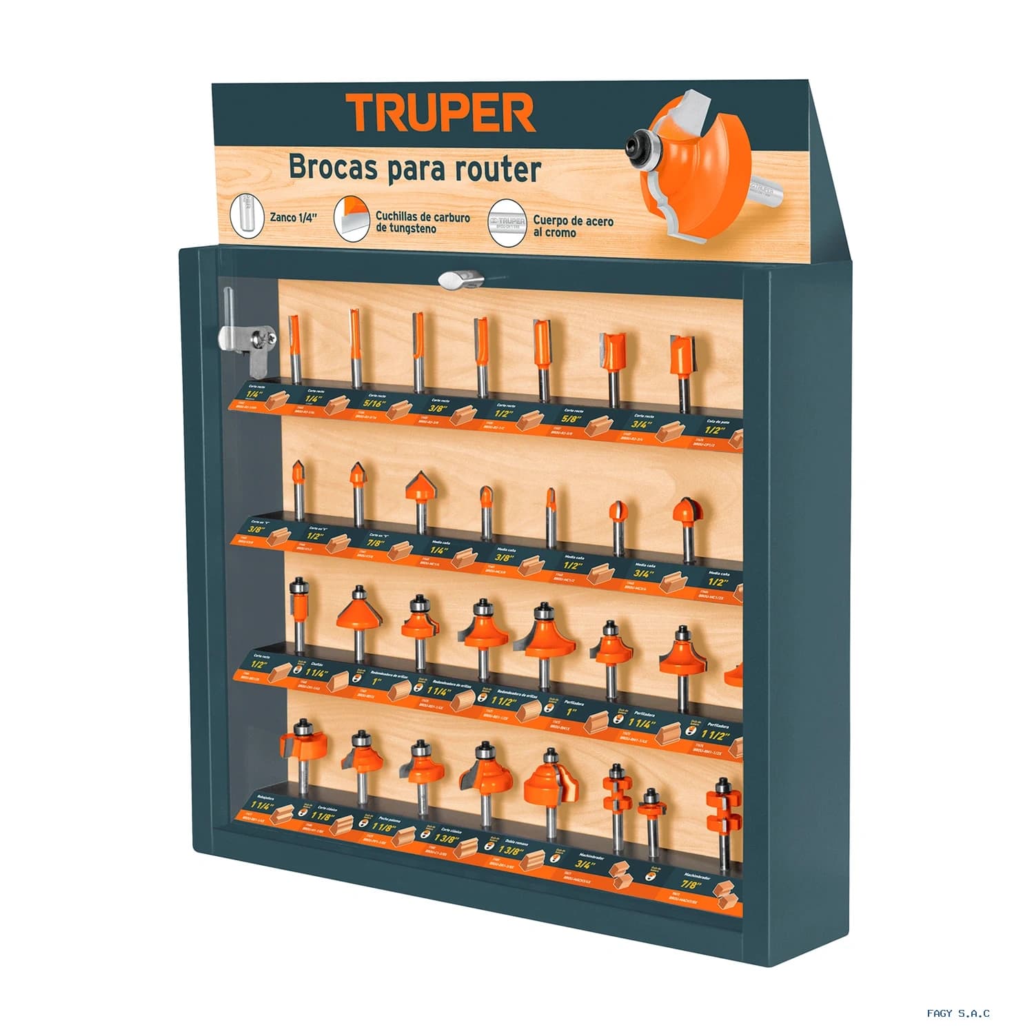 Exhibidor con 30 brocas para router, Truper 55218