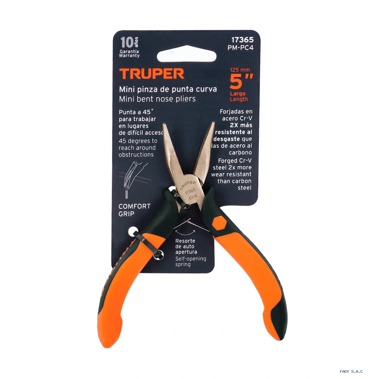 Mini alicate pinza de punta curva 5" mango Comfort Grip, Truper 17365