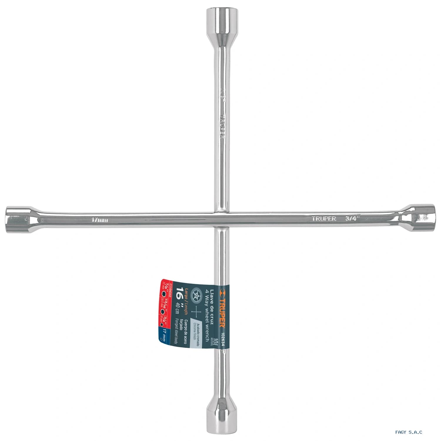 Llave de cruz 16" pulida y cromada, TRUPER 102634