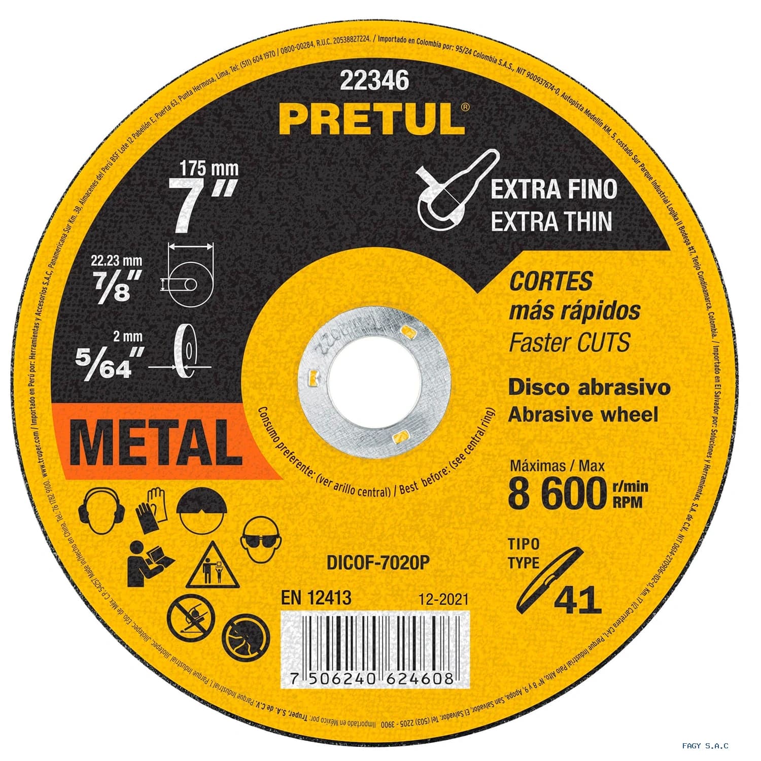 Disco Tipo 41 de 7" x 2 mm corte fino de metal, Pretul 22346 DICOF-7020P