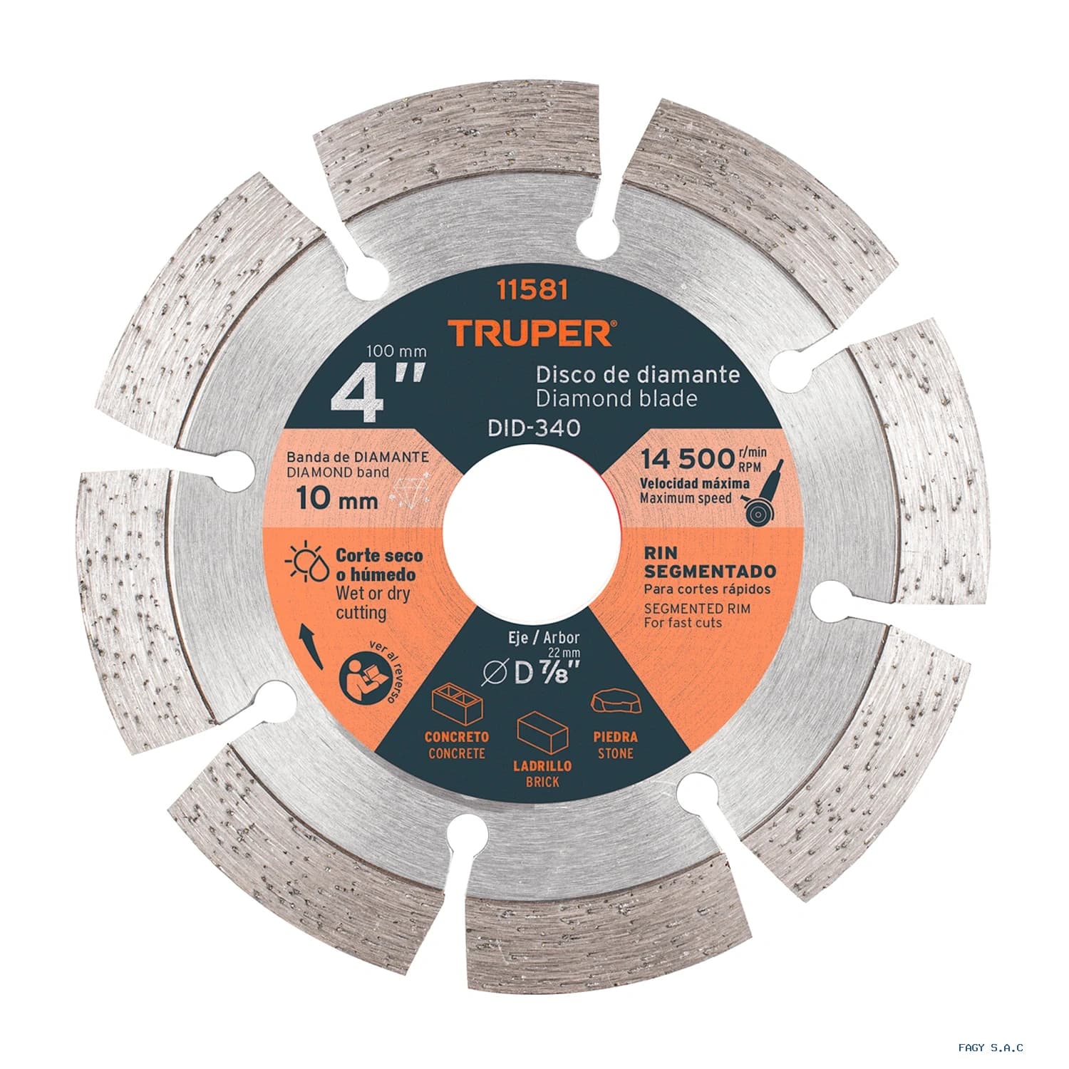 Disco de diamante de 4" x 2.1 mm, rin segmentado, TRUPER 11581 DID-340