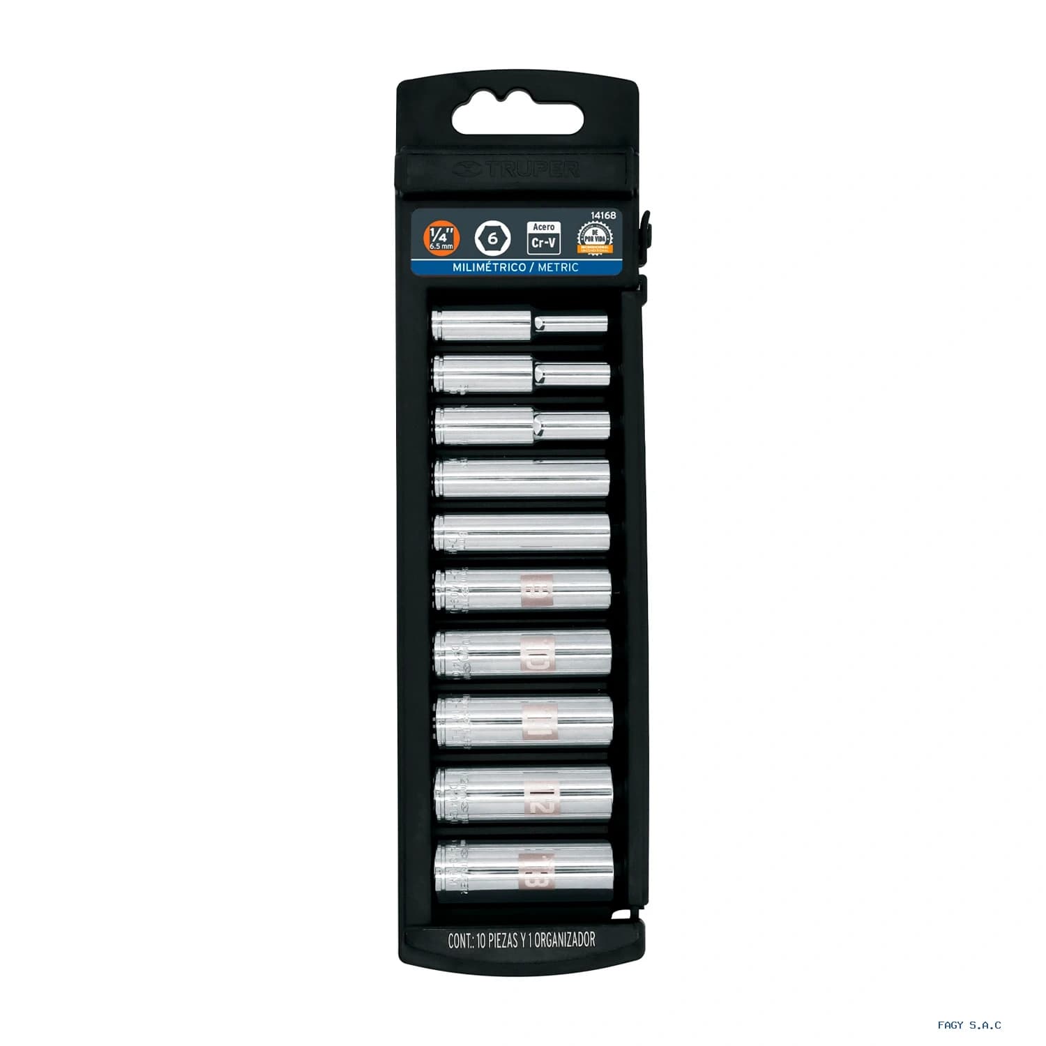 Juego de 10 dados largos cuadro 1/4" mm, Truper 14168