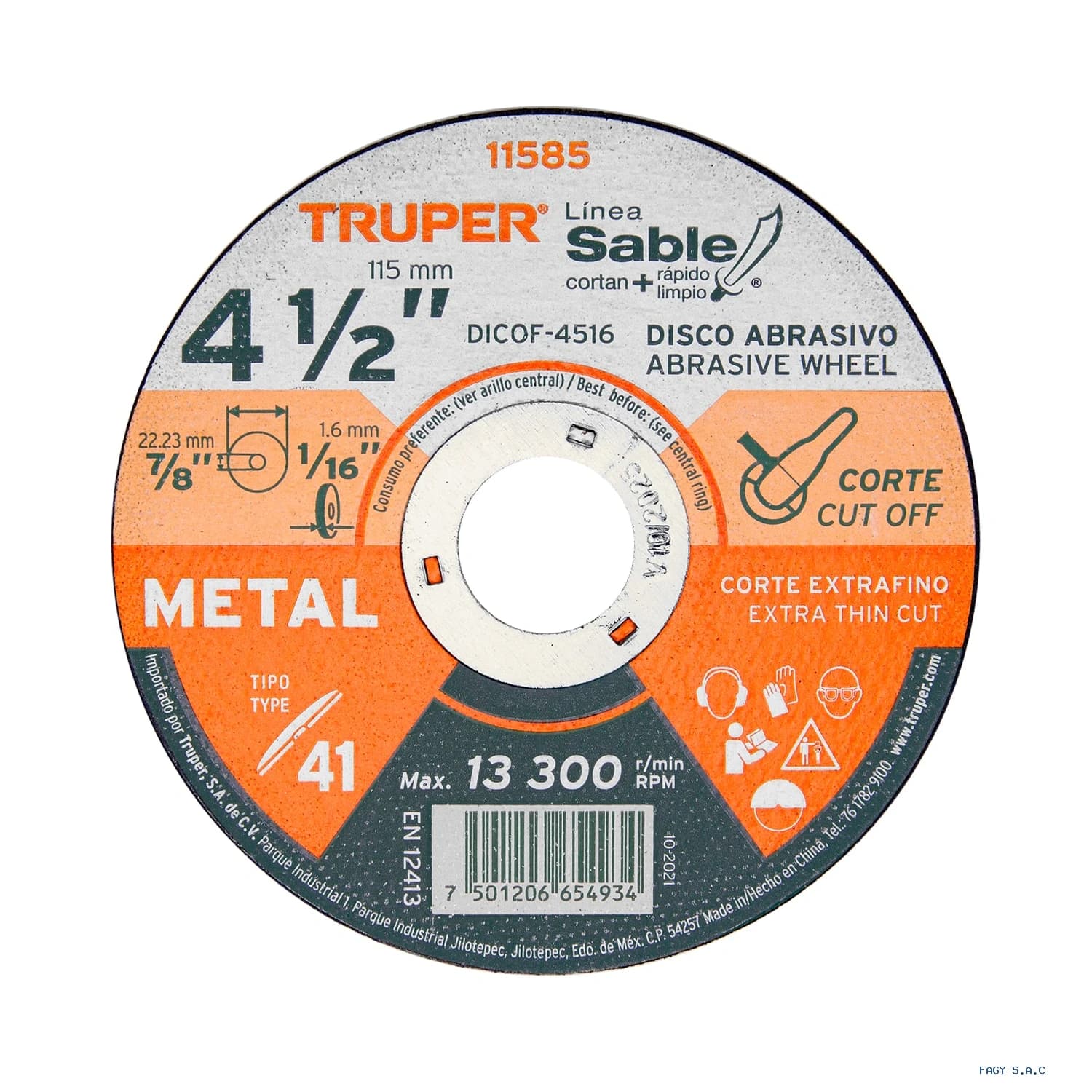 Disco Tipo 41 de 4-1/2" x 1.6 mm corte fino de metal, Sable 11585 DICOF-4516