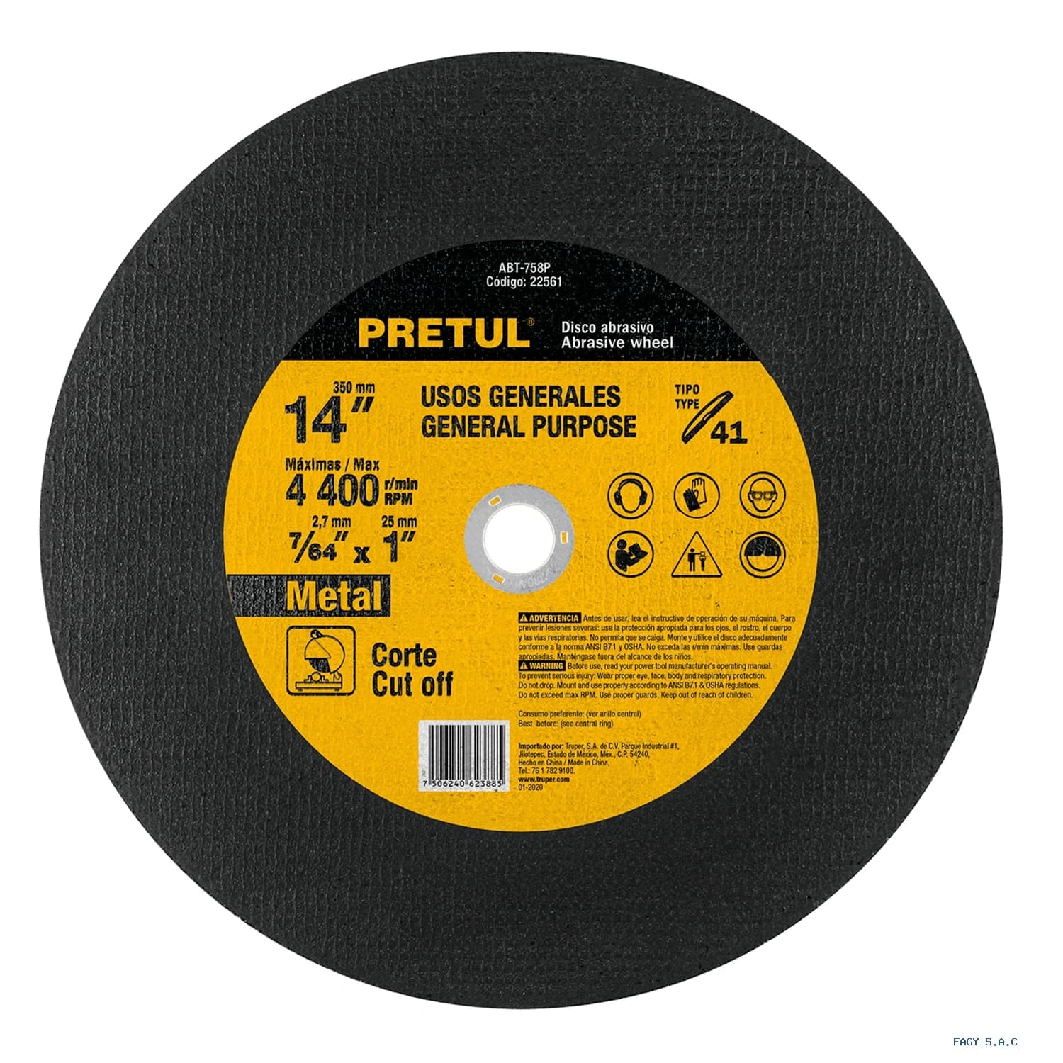 Disco Tipo 41 de 14" x 3.1 mm para corte de metal, PRETUL 22561 ABT-758P