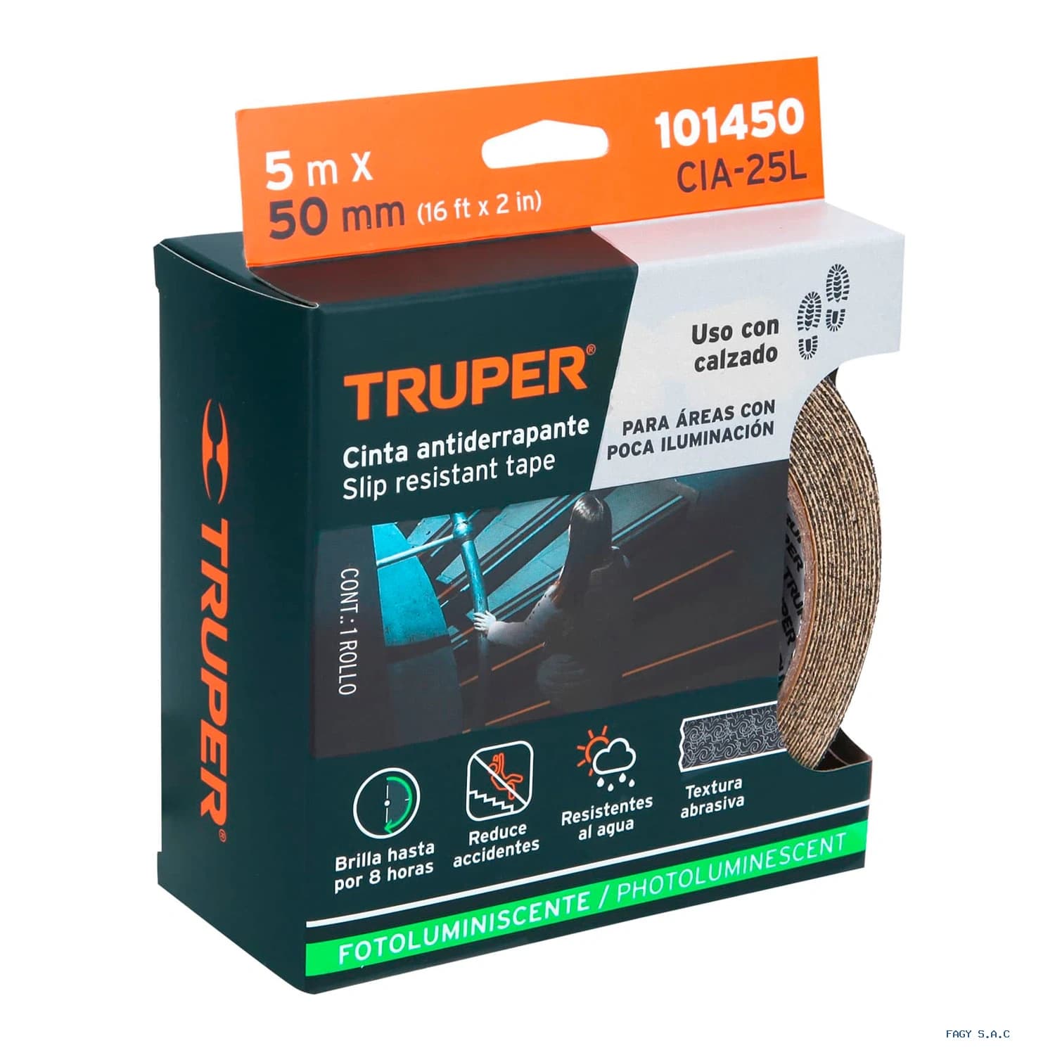 Rollo de 5 m cinta antiderrapante fotolumini. 50 mm abrasivo 101450 - Truper