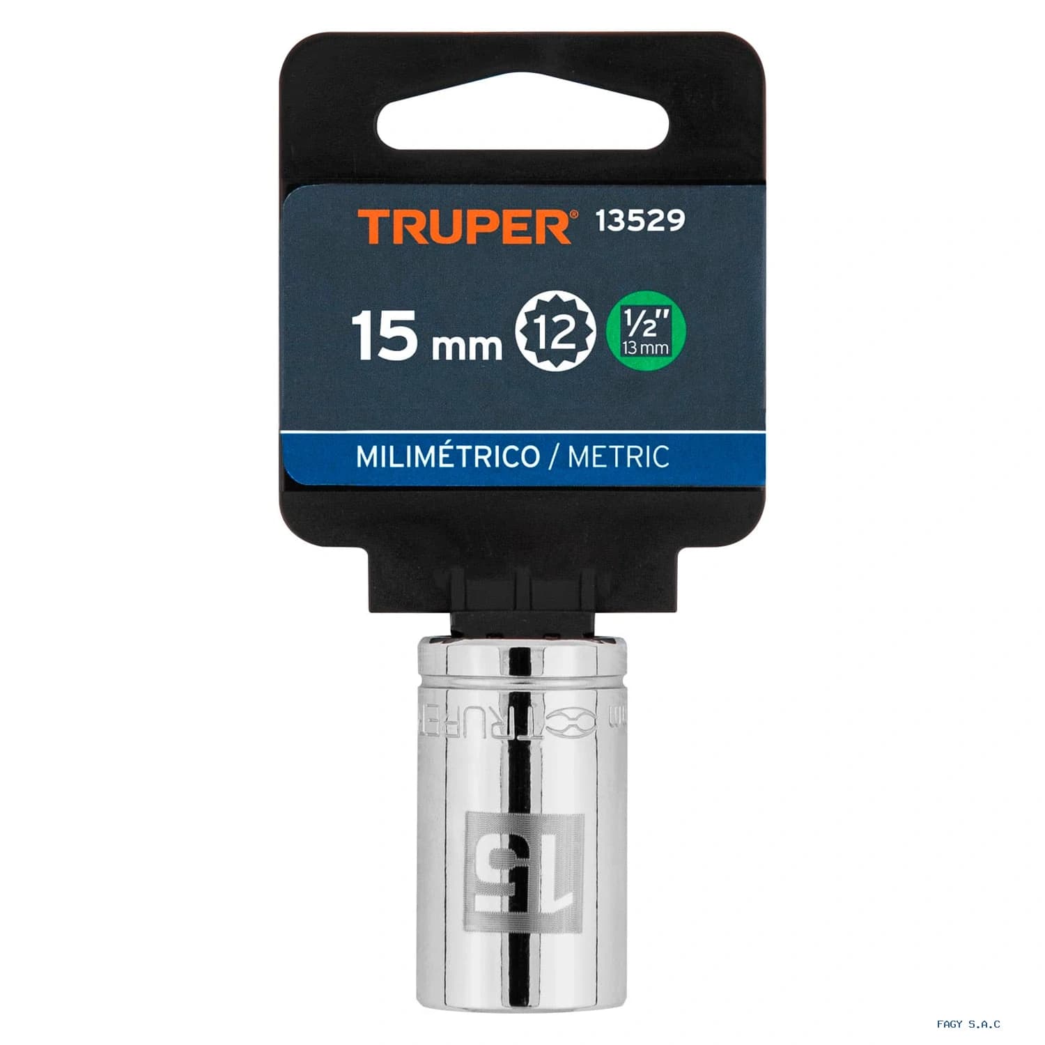 Dado de 15 mm, 12 puntas, cuadro 1/2", Truper 13529