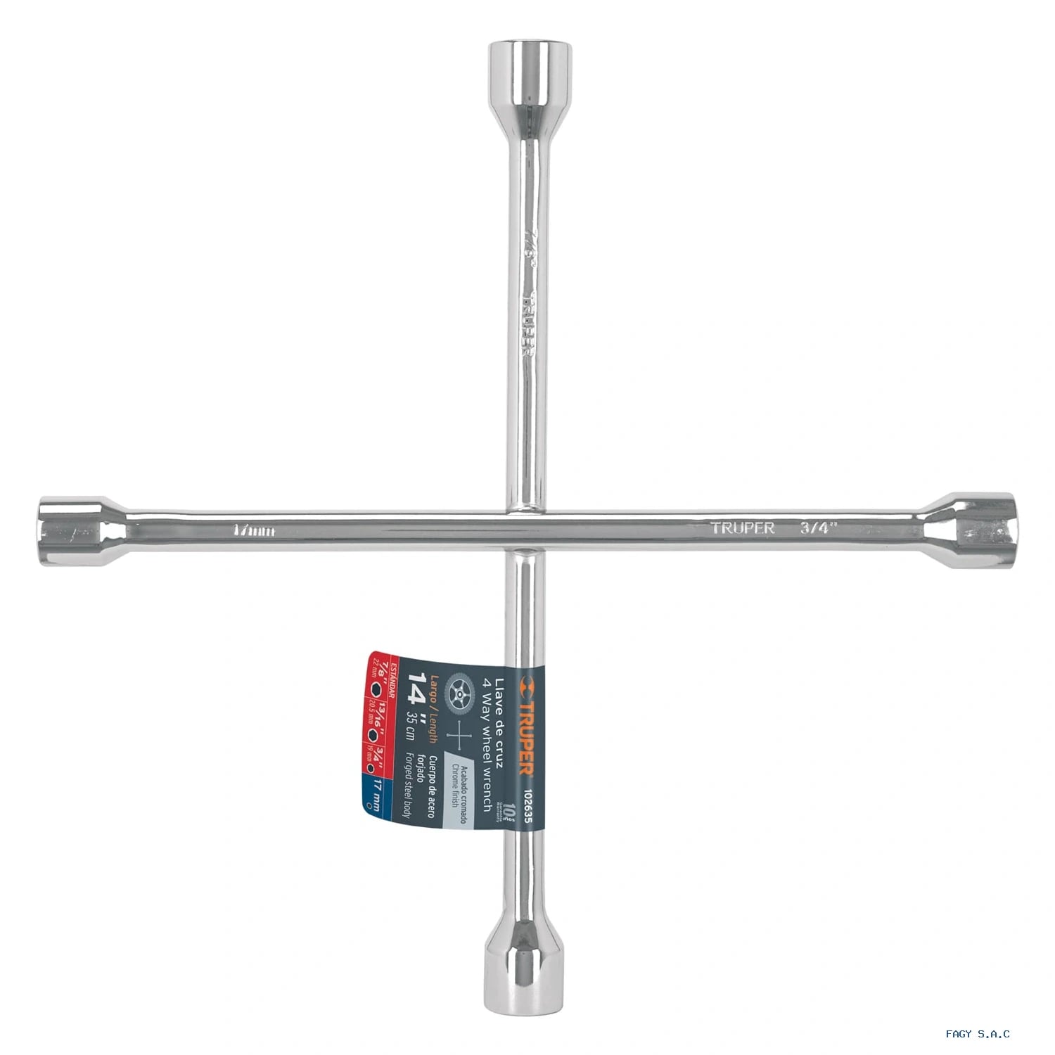 Llave de cruz 14" pulida y cromada, TRUPER 102635