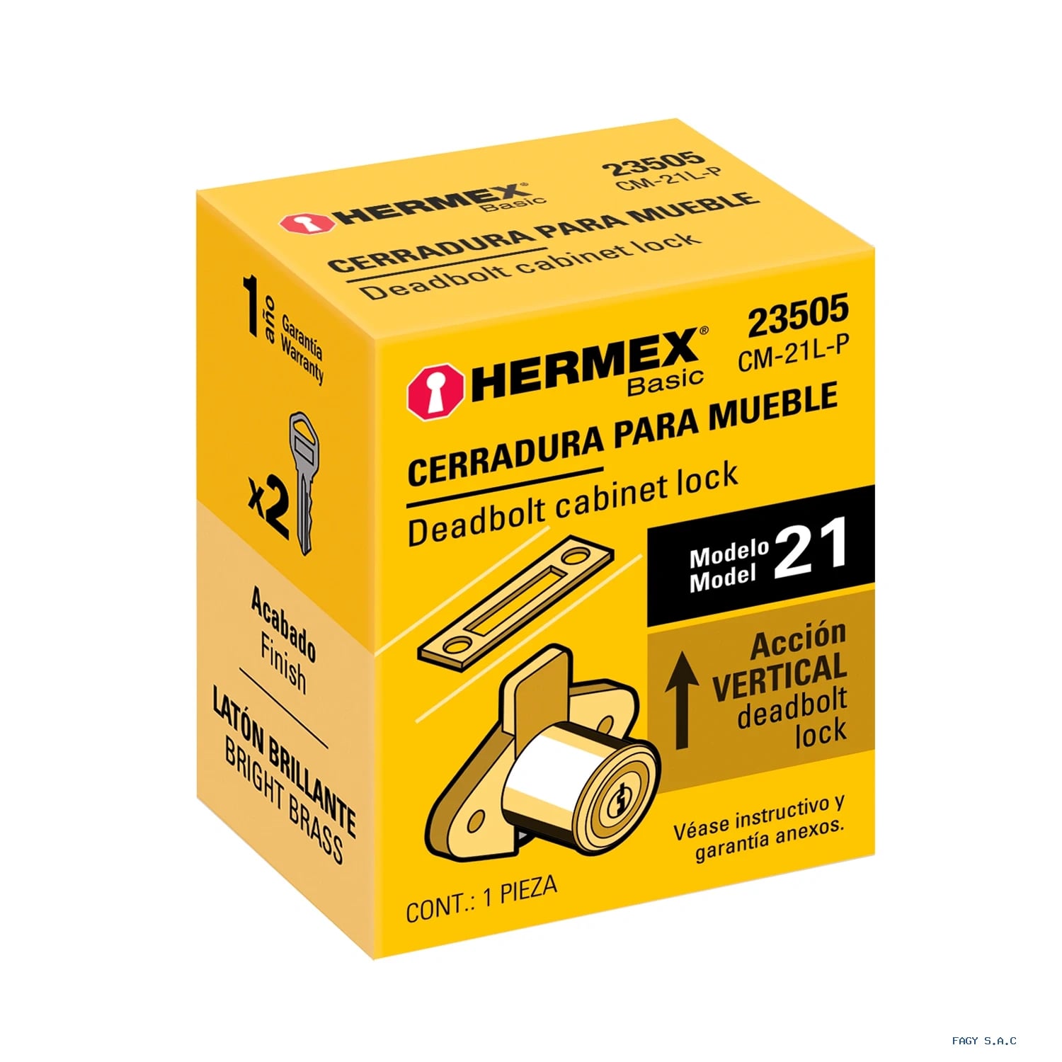 Cerradura para mueble, modelo 21, latón, HERMEX BASIC 23505