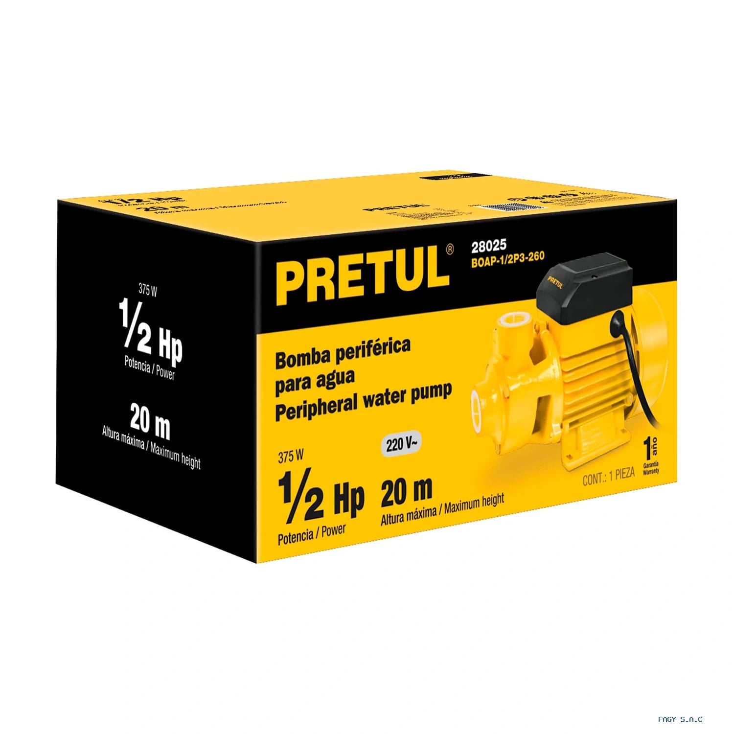 Bomba periférica 1/2HP, 220V/60Hz, uso agrícola, PRETUL 28025