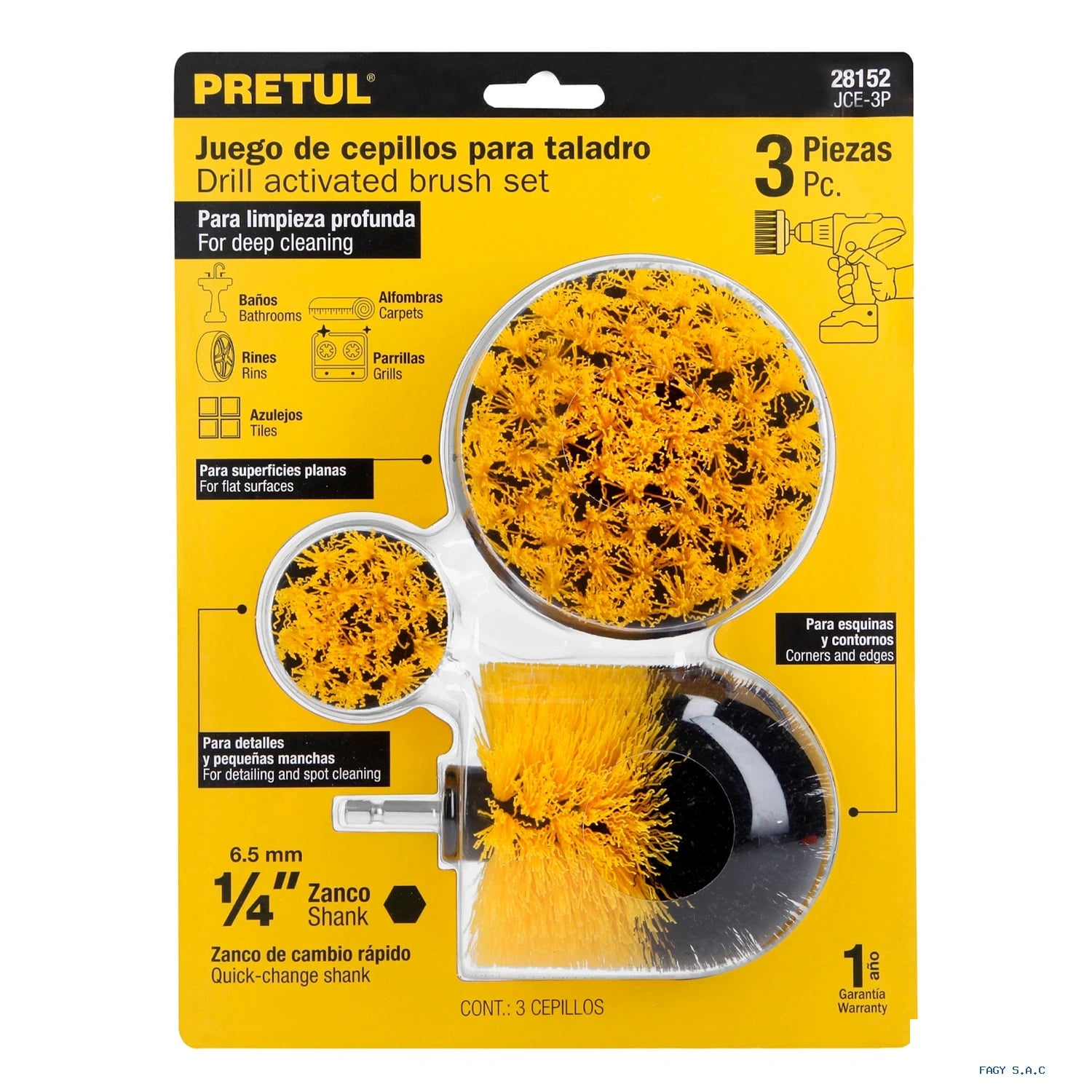 Juego de 3 cepillos multiusos para taladro Pretul 28152
