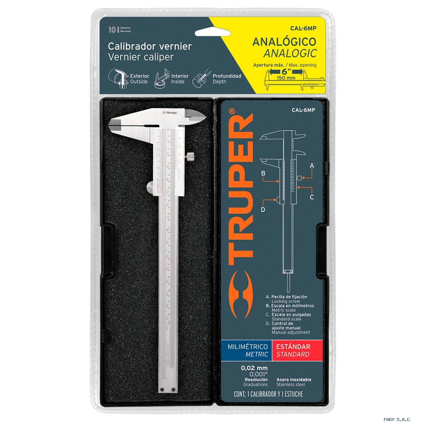 Calibrador vernier analógico 6", acero inox, std y mm,TRUPER 14394