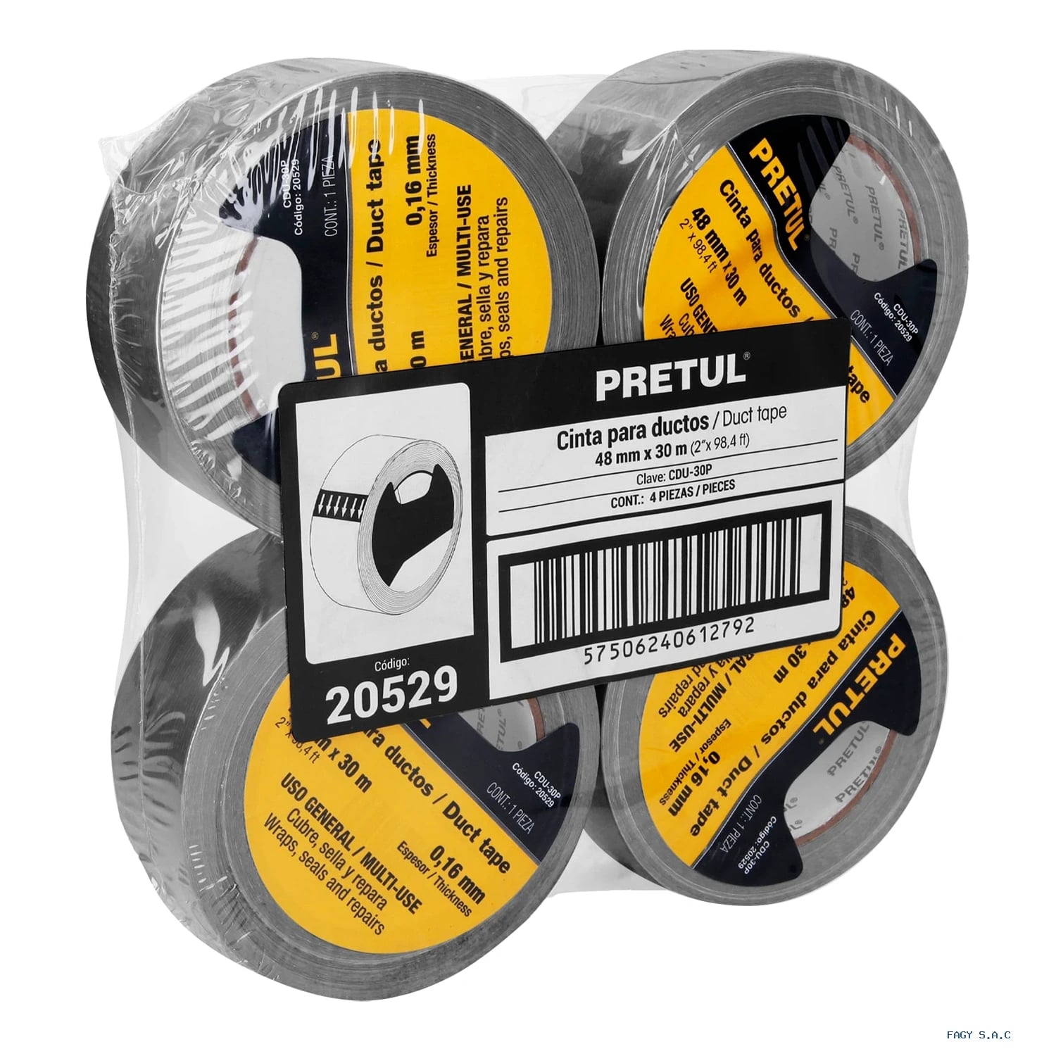 Cinta de 30 m para ducto espesor 0.16 mm Pretul 20529