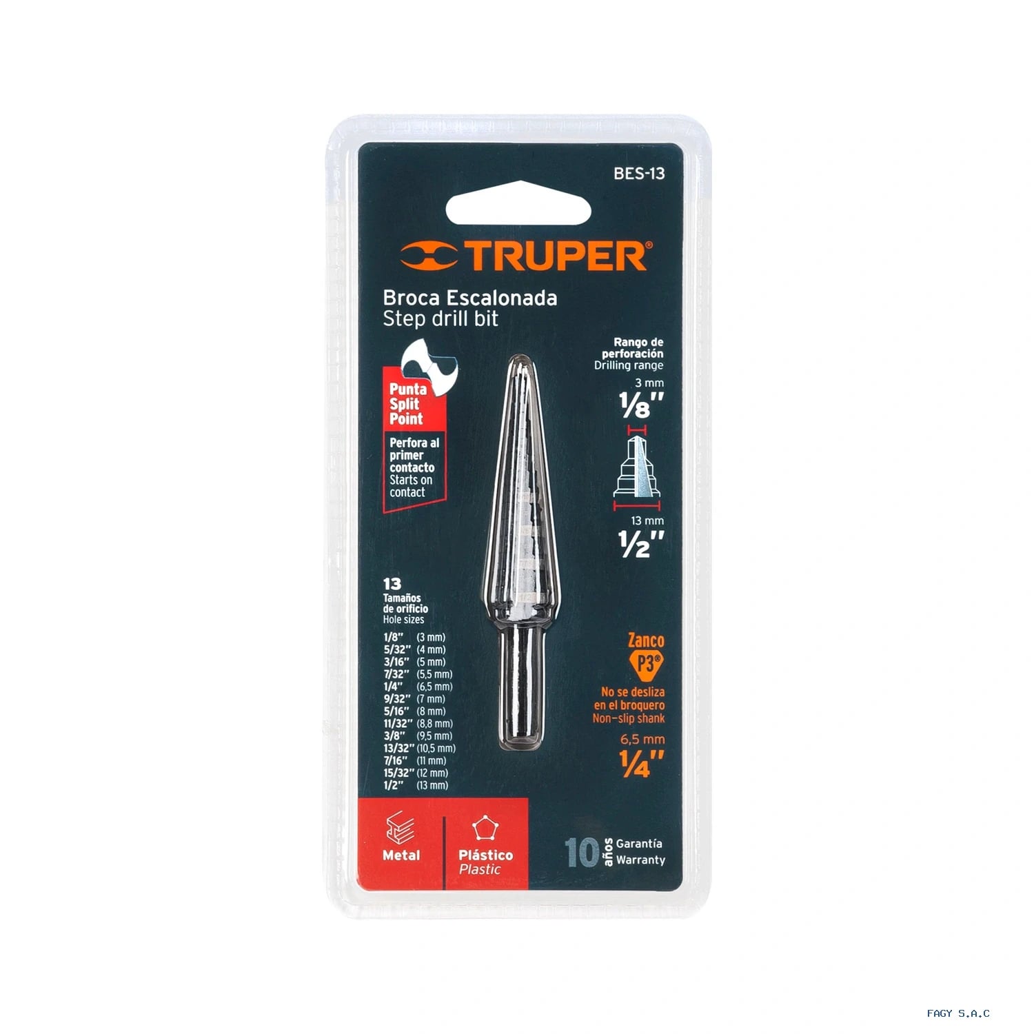 Broca escalonada óxido negro 13 escalones 1/8" a 1/2”,Truper 12122