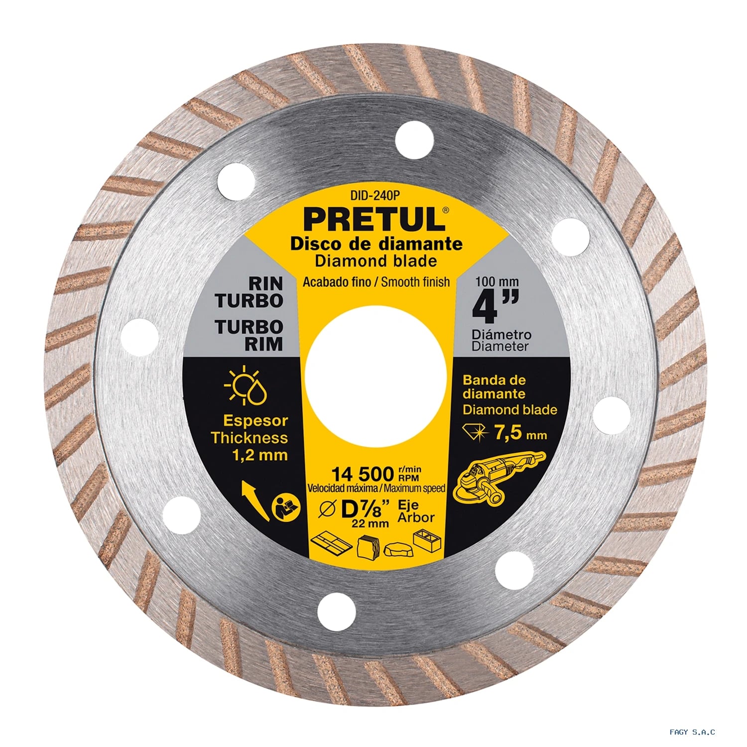Disco de diamante de 4" x 1.2 mm, rin turbo, PRETUL 27016 DID-240P